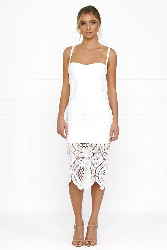 Honey Couture MICHELLE White Lace & Crochet Bustier Bodycon Dress Honey Couture$ AfterPay Humm ZipPay LayBuy Sezzle