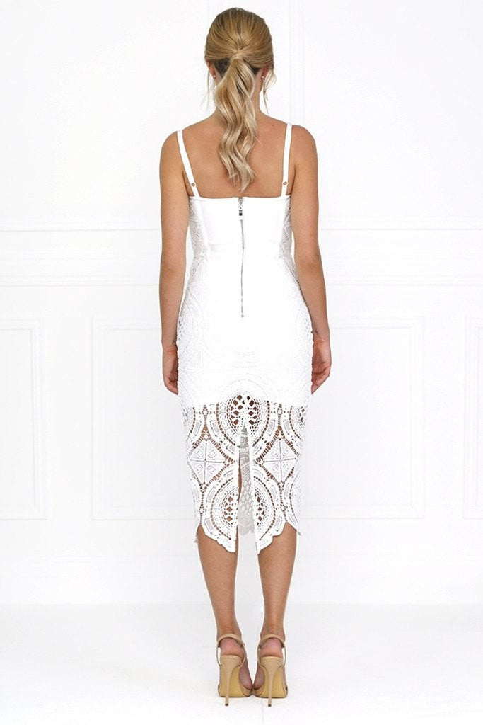 Honey Couture MICHELLE White Lace & Crochet Bustier Bodycon Dress Honey Couture$ AfterPay Humm ZipPay LayBuy Sezzle
