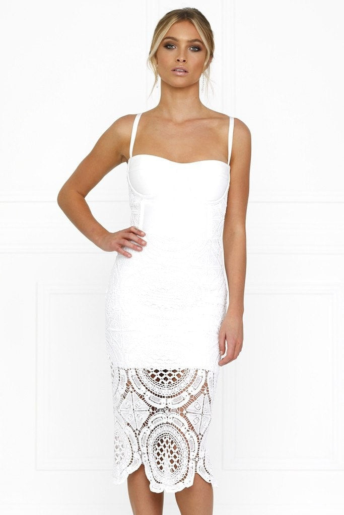 Honey Couture MICHELLE White Lace & Crochet Bustier Bodycon Dress Honey Couture$ AfterPay Humm ZipPay LayBuy Sezzle