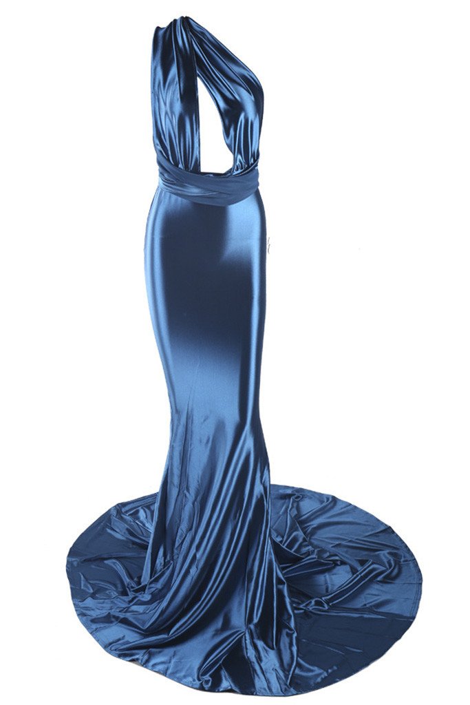 Honey Couture BLOSSUM Blue Multi Tie Evening Gown Dress, elegant satin fabric, Australian Designer, prom dresses, affordable evening gowns.