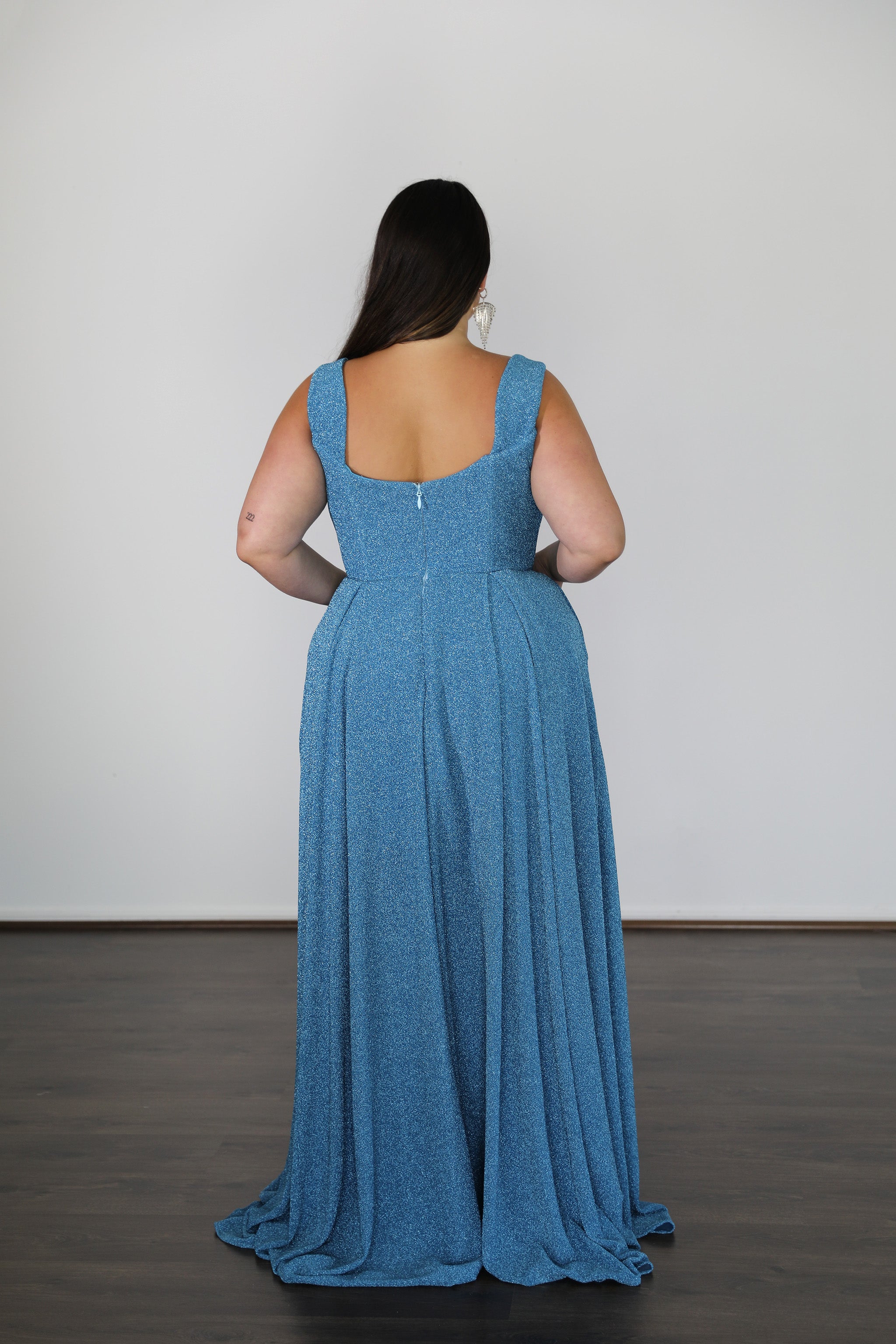 HAYLEY metallic jersey plus size dress with tapered straps and full skirt, perfect for evening wear. Curve Size, Brisbane to Gold Coast.