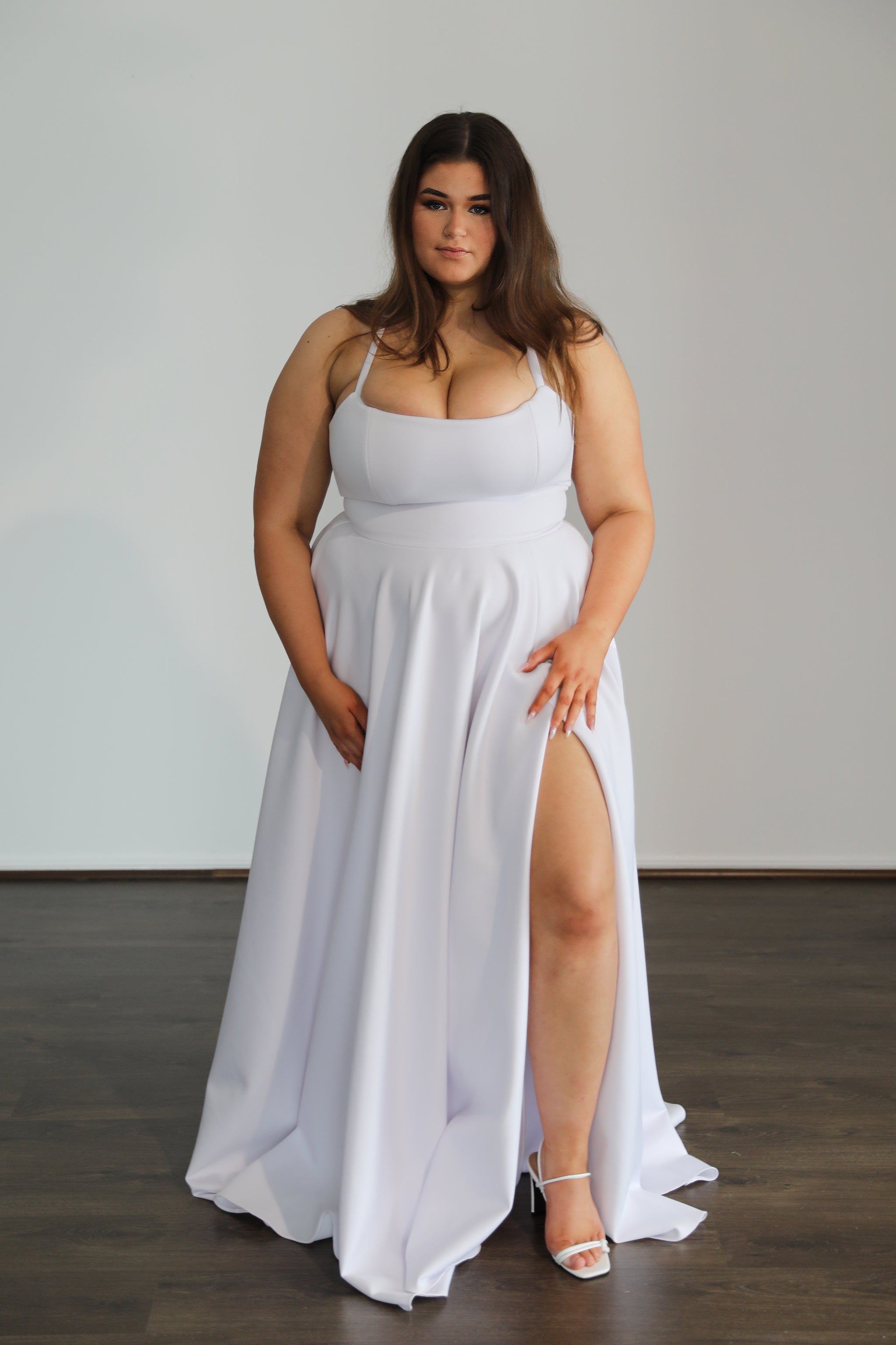 KAT Scuba Curve & Plus Size formal dress with U-neckline and thigh-high slit. Perfect for evenings, Brisbane to Gold Coast.
