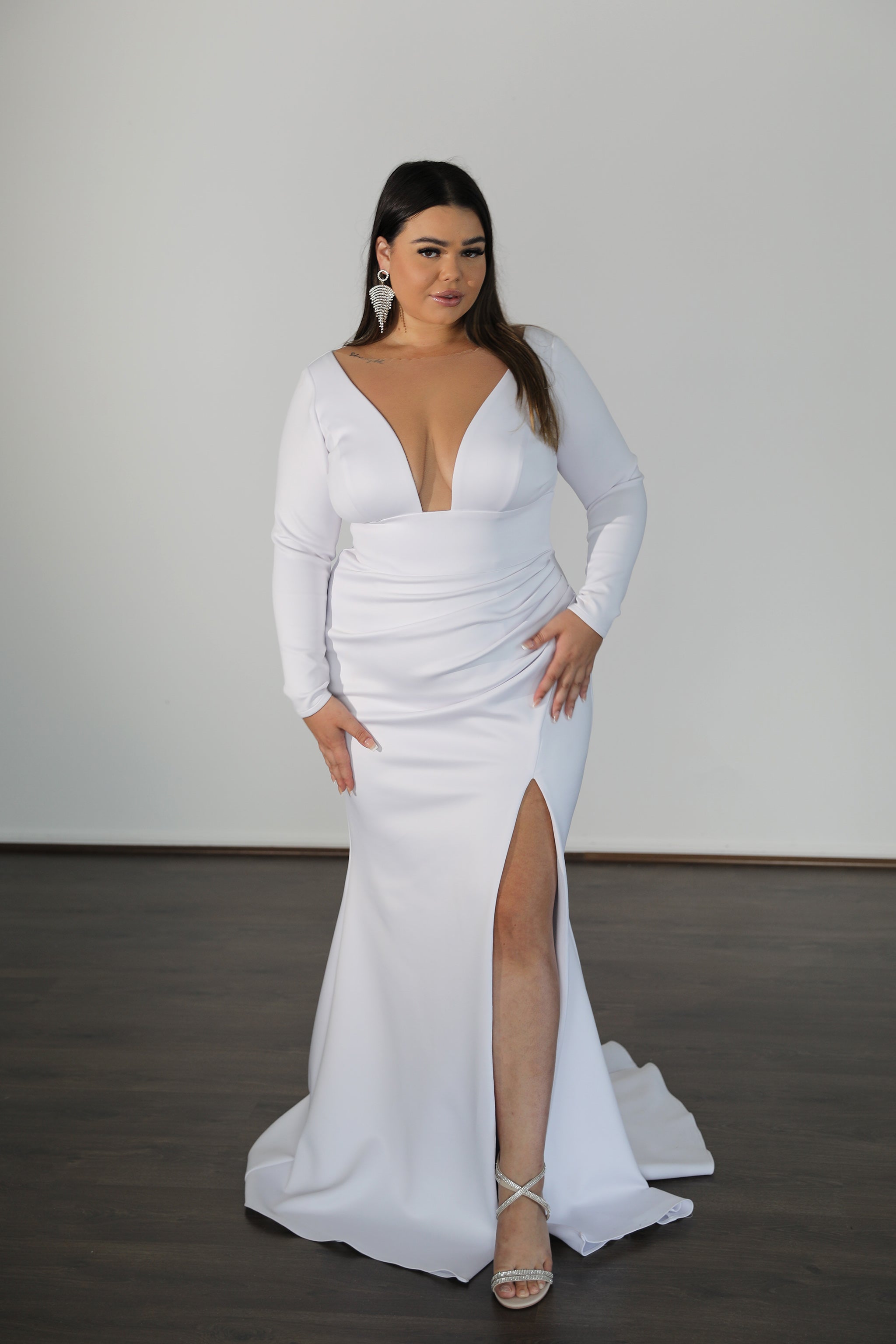 CHELSEA plus size formal dress with illusion-style plunging neckline and ruched skirt, perfect for special occasions, Brisbane to Gold Coast.