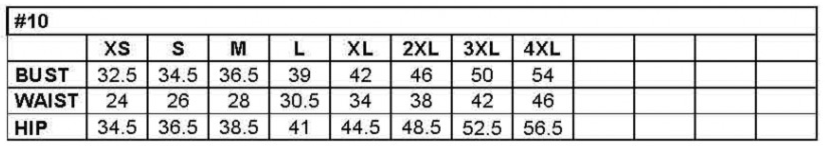 Size chart showing measurements in inches for bust, waist, and hip for sizes XS to 4XL.