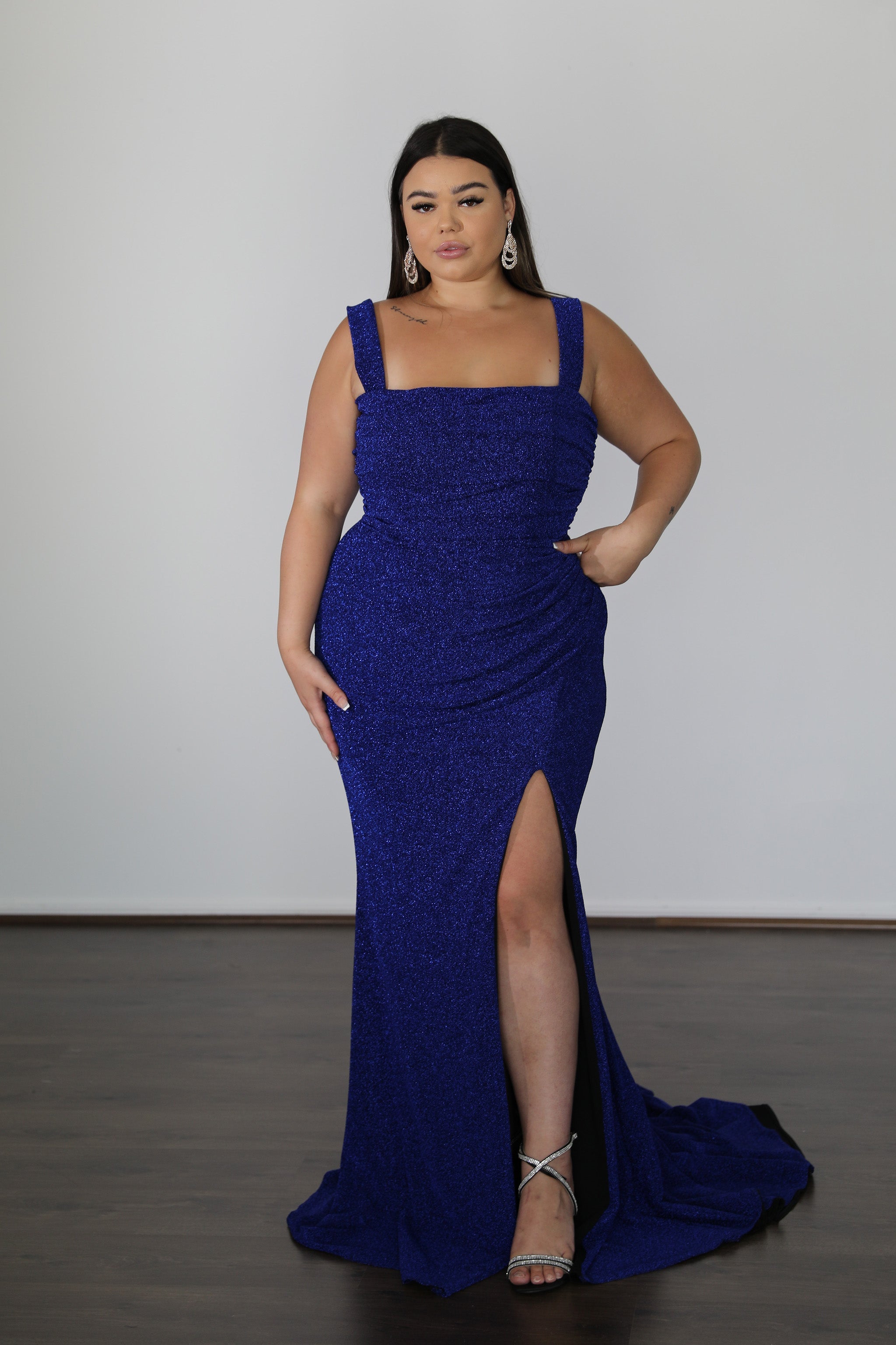 AMBER Plus Size formal dress with ruched bodice and thigh-high split. Curve Size evening gown, Brisbane to Gold Coast.