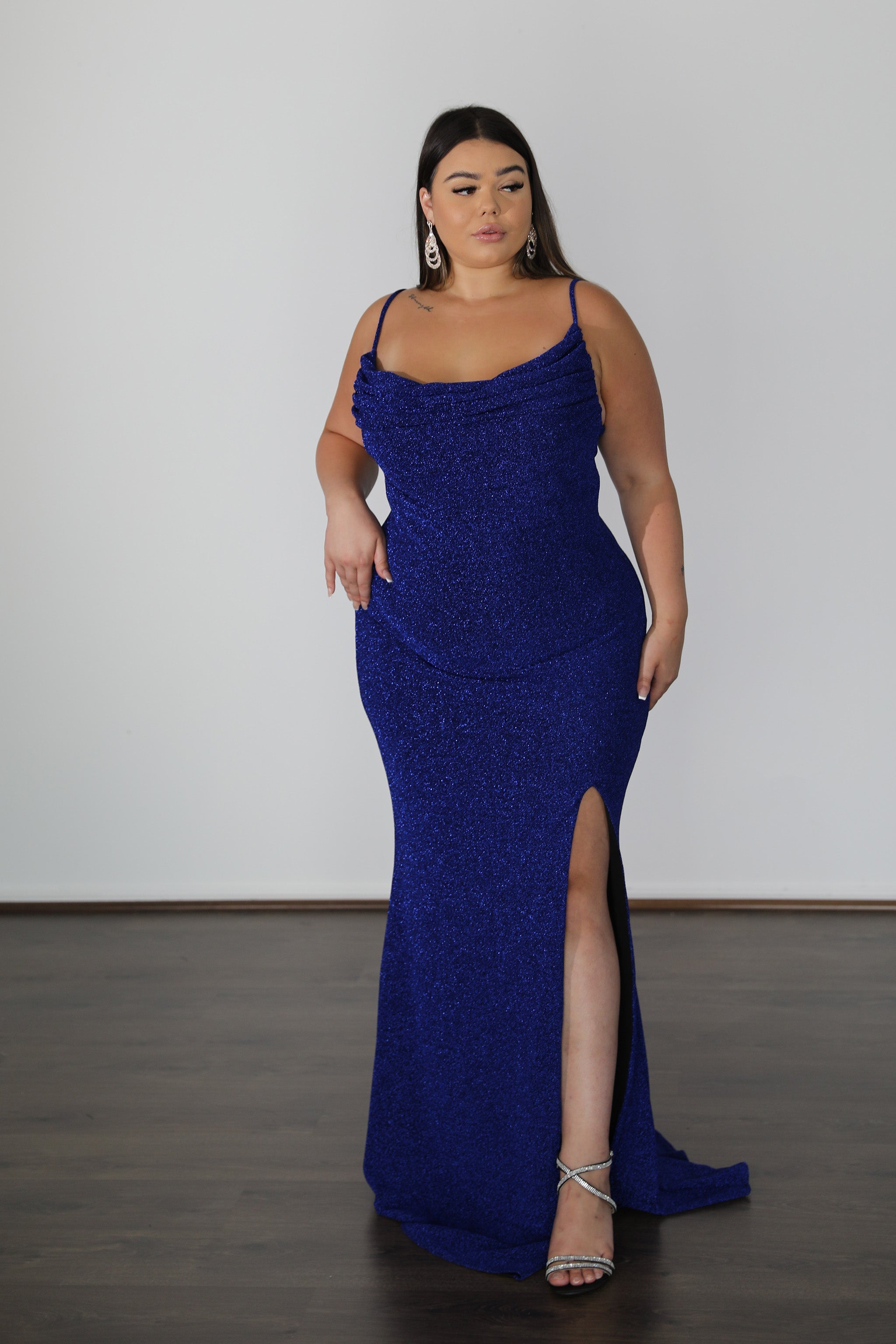 ISSY Metallic Jersey Dress featuring a cowl neckline and a thigh-high slit, perfect for a school formal gown. Plus Size, Brisbane to Gold Coast.
