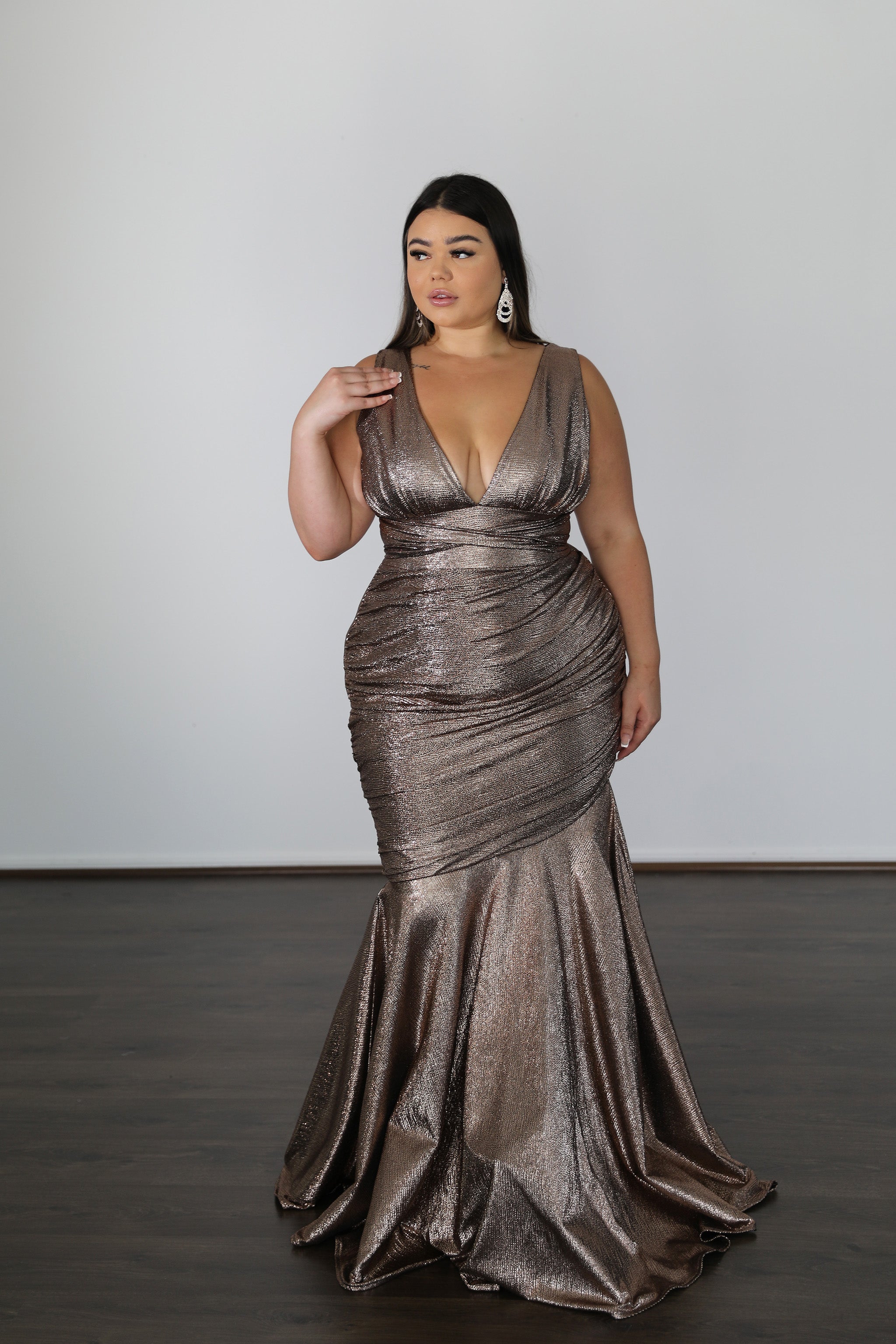 RYLEY Stretch Shimmer Curve School Formal Dress with daring V neckline and mermaid silhouette. Plus Size, Brisbane to Gold Coast, Australia.