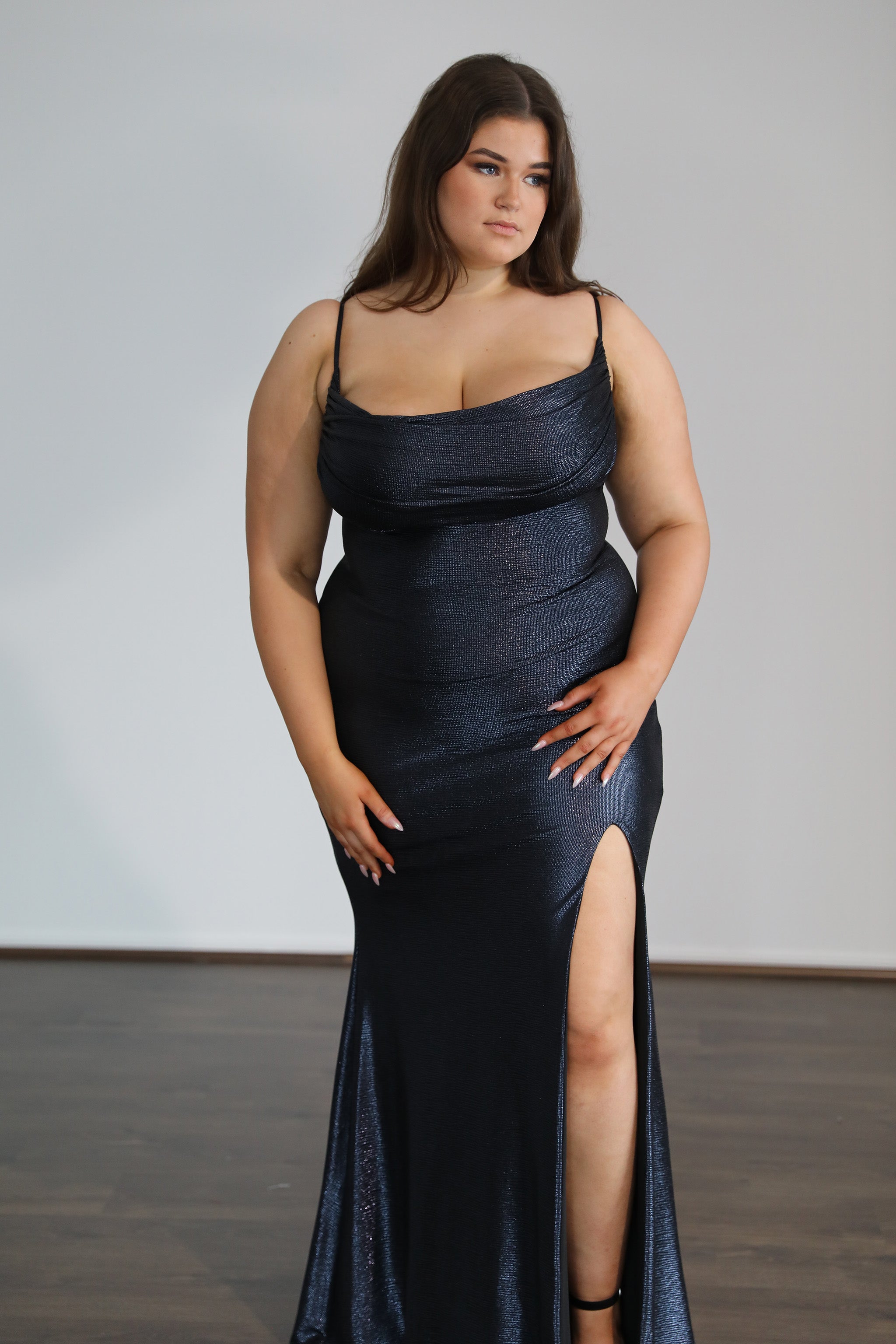 ISSY Stretch Shimmer Curve School Formal Dress with cowl neckline and thigh-high split. Plus Size, Curve Size. Brisbane to Gold Coast.