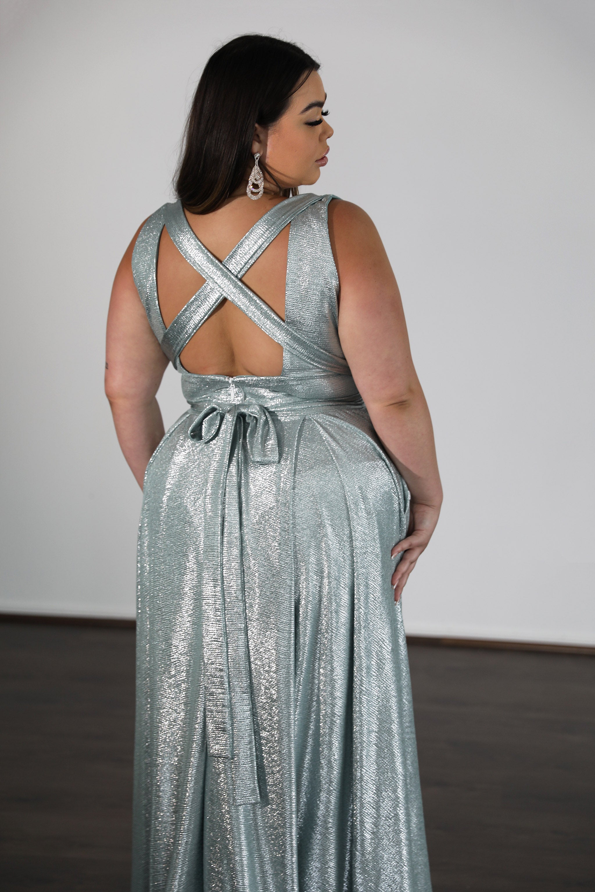 LEXA shimmer school formal dress with cross-over back straps and pleated skirt, plus size. Perfect from Brisbane to Gold Coast, Australia.