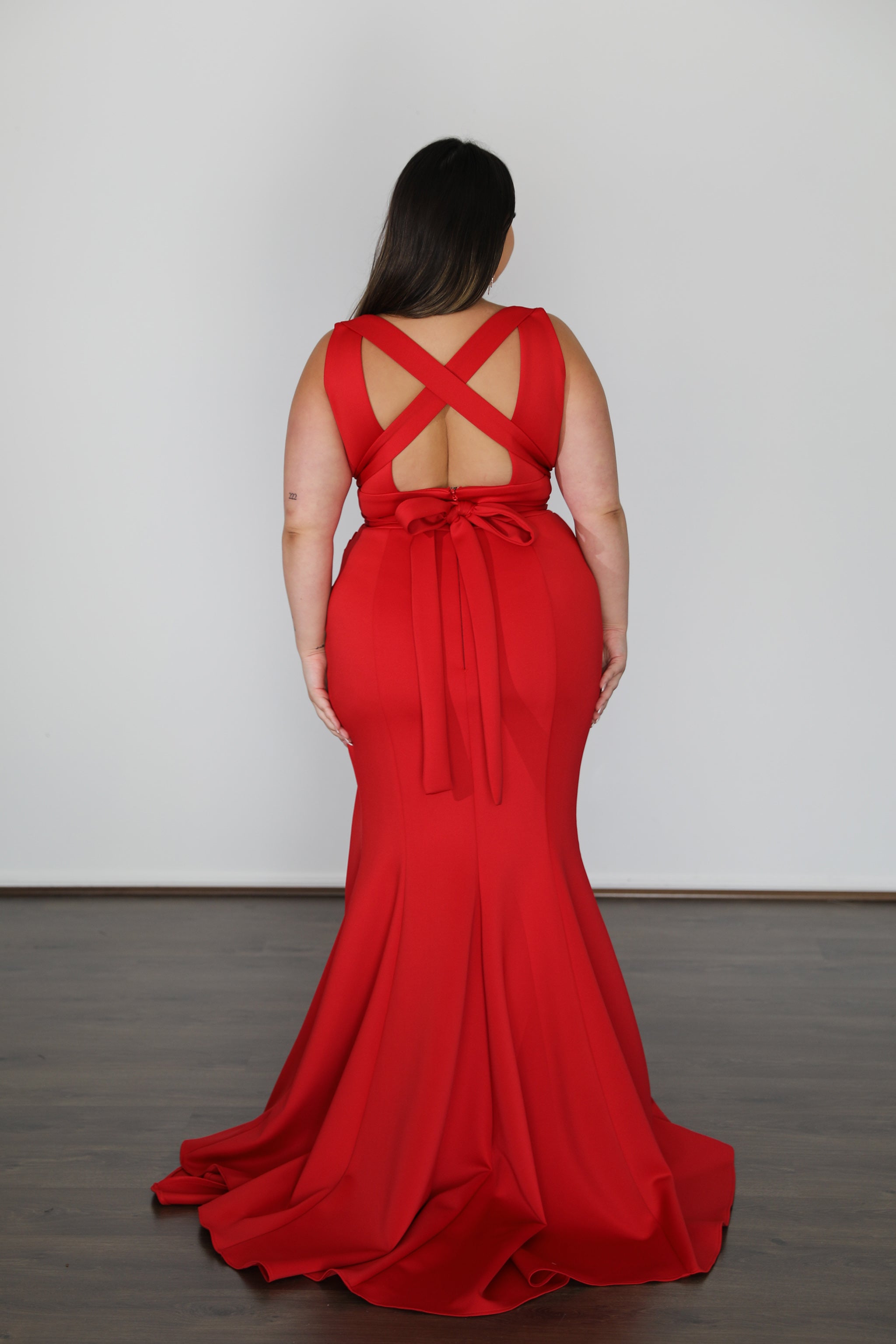 GEMMA Plus Size red formal gown with criss-cross open back and flowing draped skirt for evening events. Brisbane to Gold Coast, Australia.