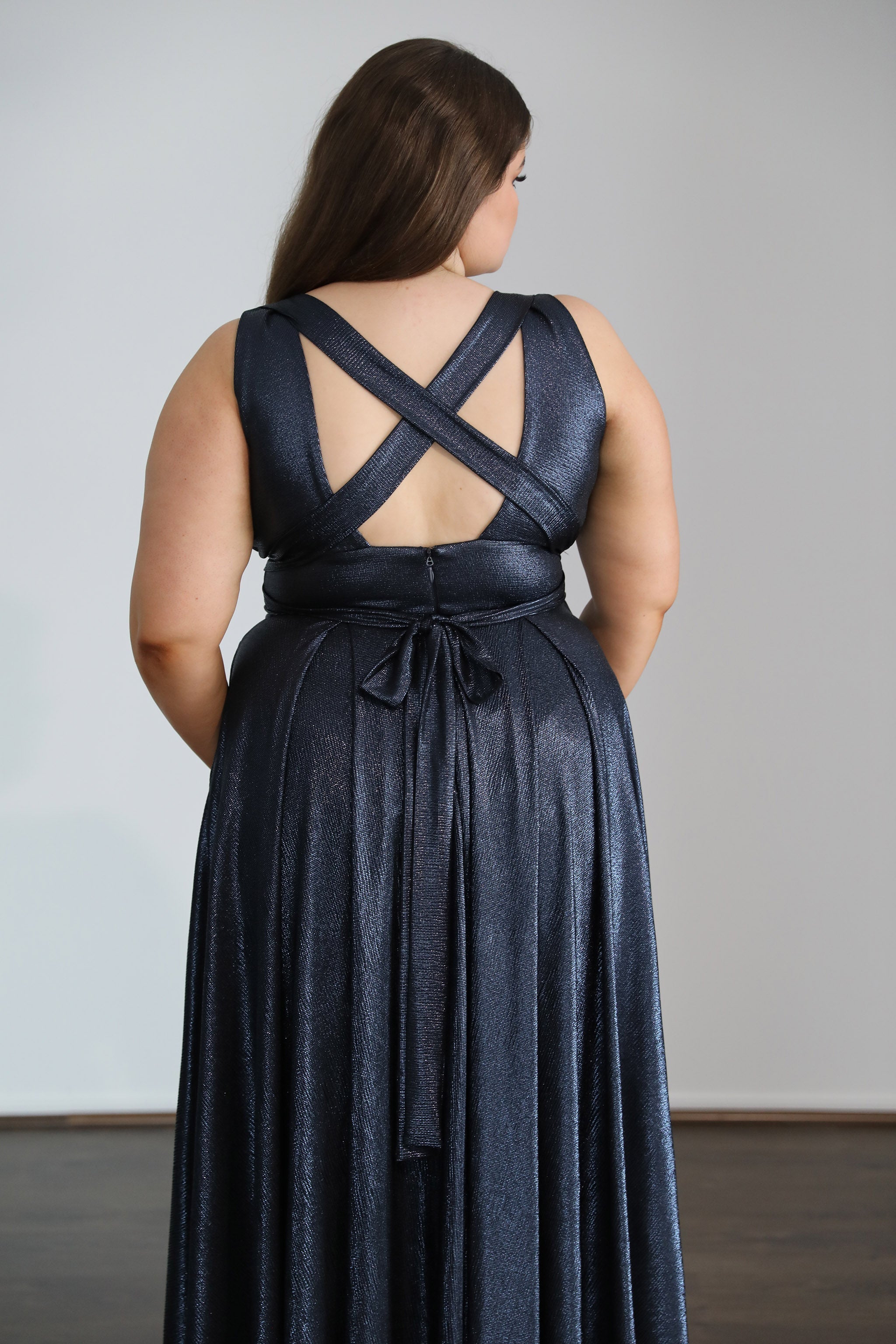 LEXXA shimmer school formal dress with pleated skirt and cross-over straps, plus size. Available Brisbane to Gold Coast.