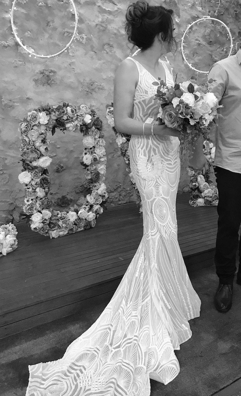 TINA HOLLY COUTURE P1732 Sequin Mermaid Gown with floral bouquet, wedding setting, Brisbane to Gold Coast.