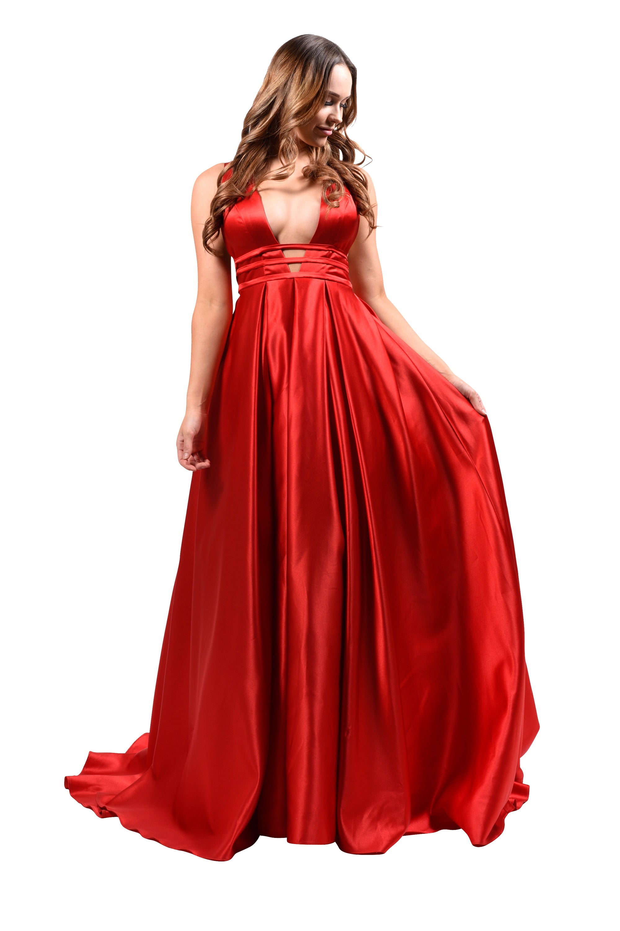 Honey Couture PIPPA Red V Front Ball Gown by Australian Designer, perfect prom or evening dress, affordable elegance.