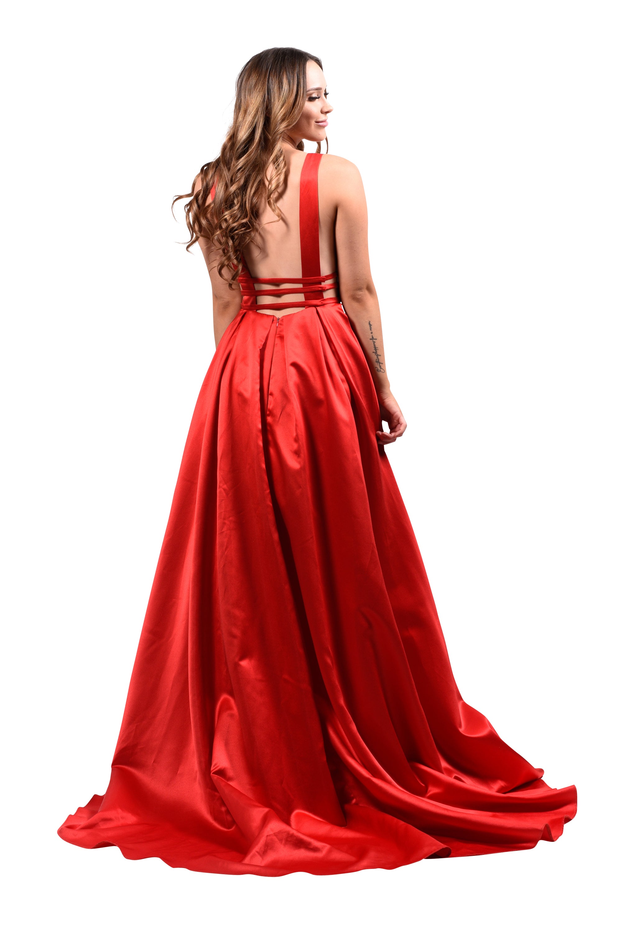Honey Couture PIPPA red V front formal ball gown, Australian designer prom dress, elegant evening gown, affordable style, back view.