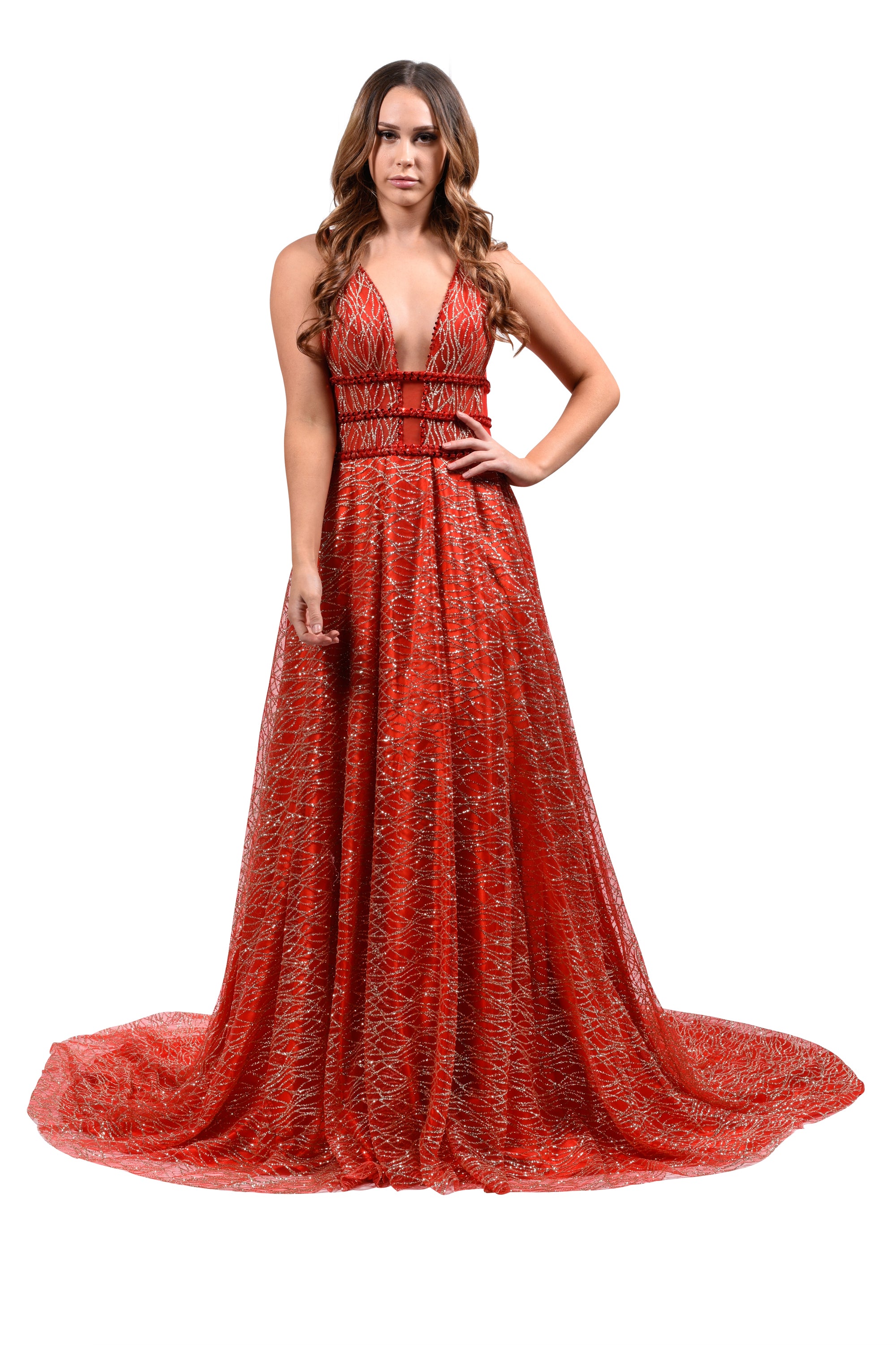 Honey Couture GLORIA red gold glitter ball gown, Australian designer prom dress, featuring a deep V-front and full skirt, perfect for formal occasions.