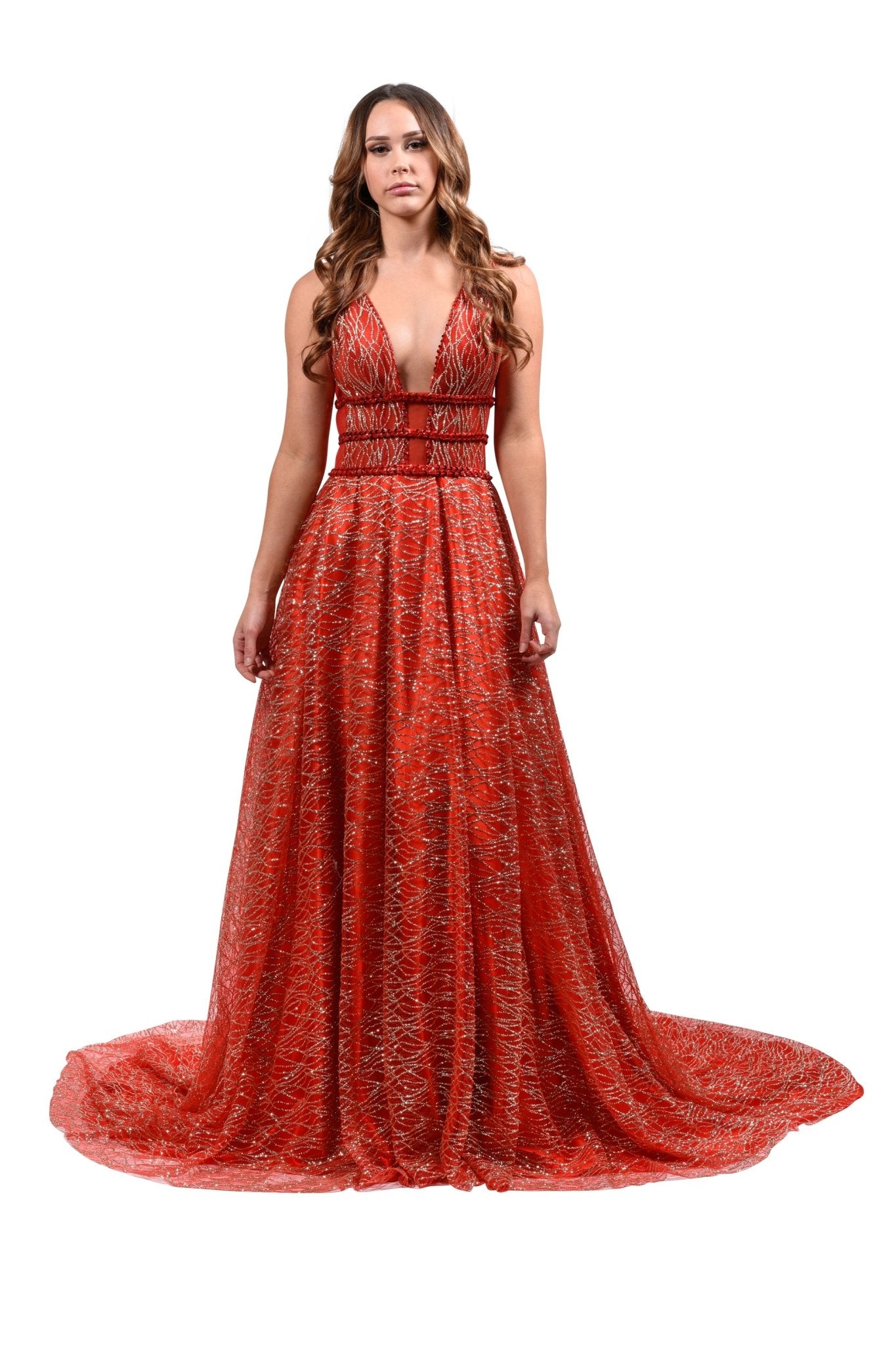 Honey Couture GLORIA Red Gold Glitter Infused Formal Ball Gown in Australia | One Honey Boutique