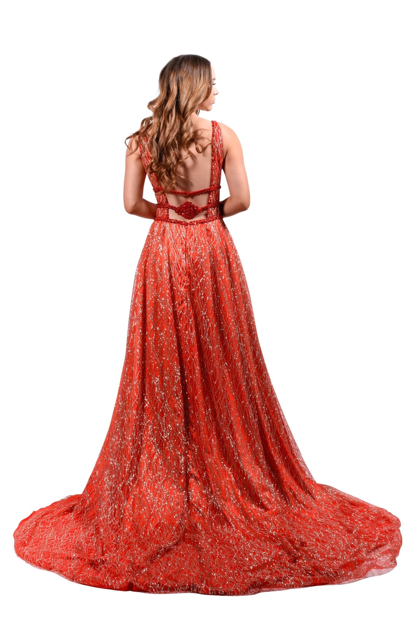 Honey Couture GLORIA Red Gold Glitter Infused Formal Ball Gown in Australia | One Honey Boutique