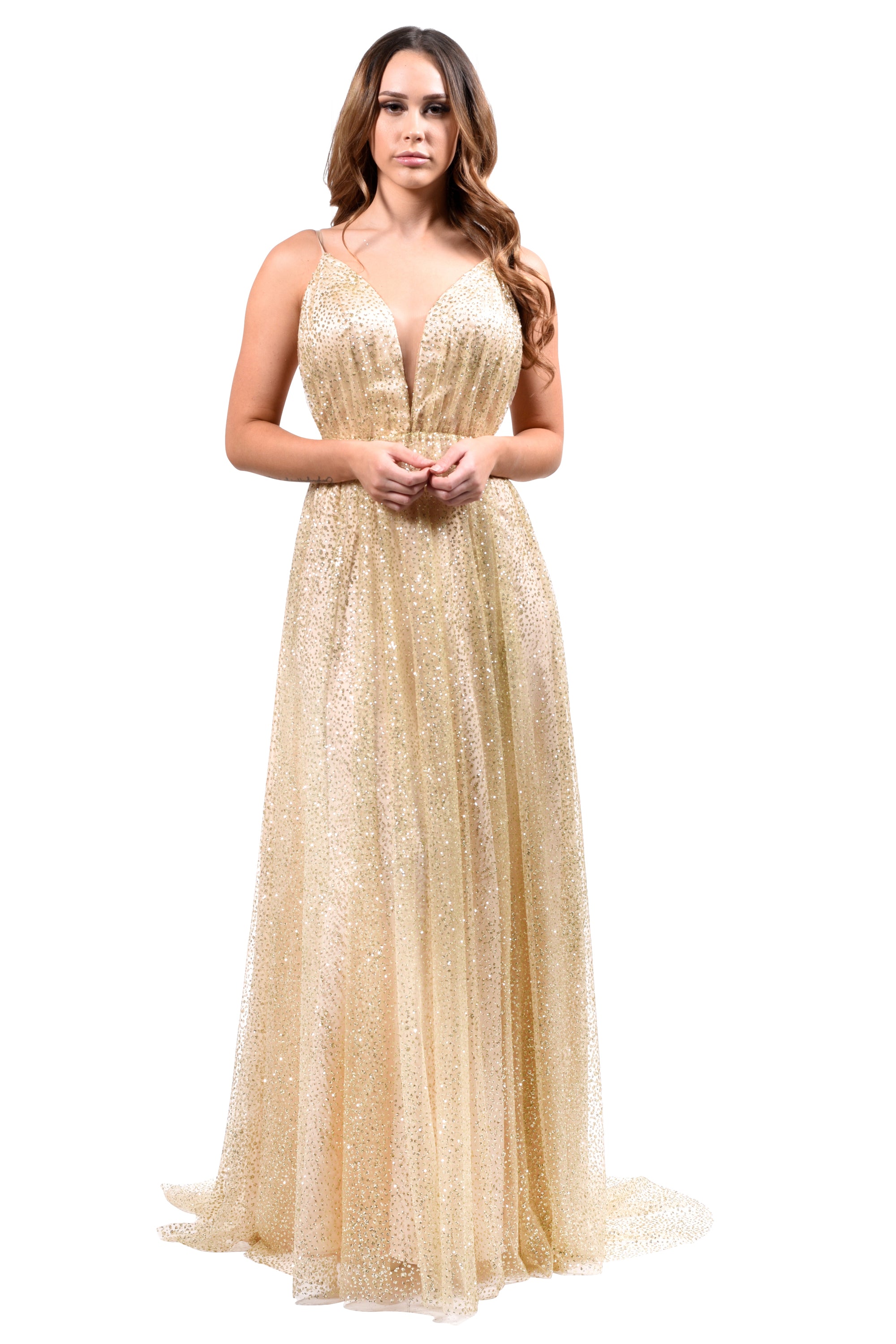 Model wearing Honey Couture GEORGIA Gold Glitter Formal Gown, perfect for prom and evening events by Australian designer, affordable dress