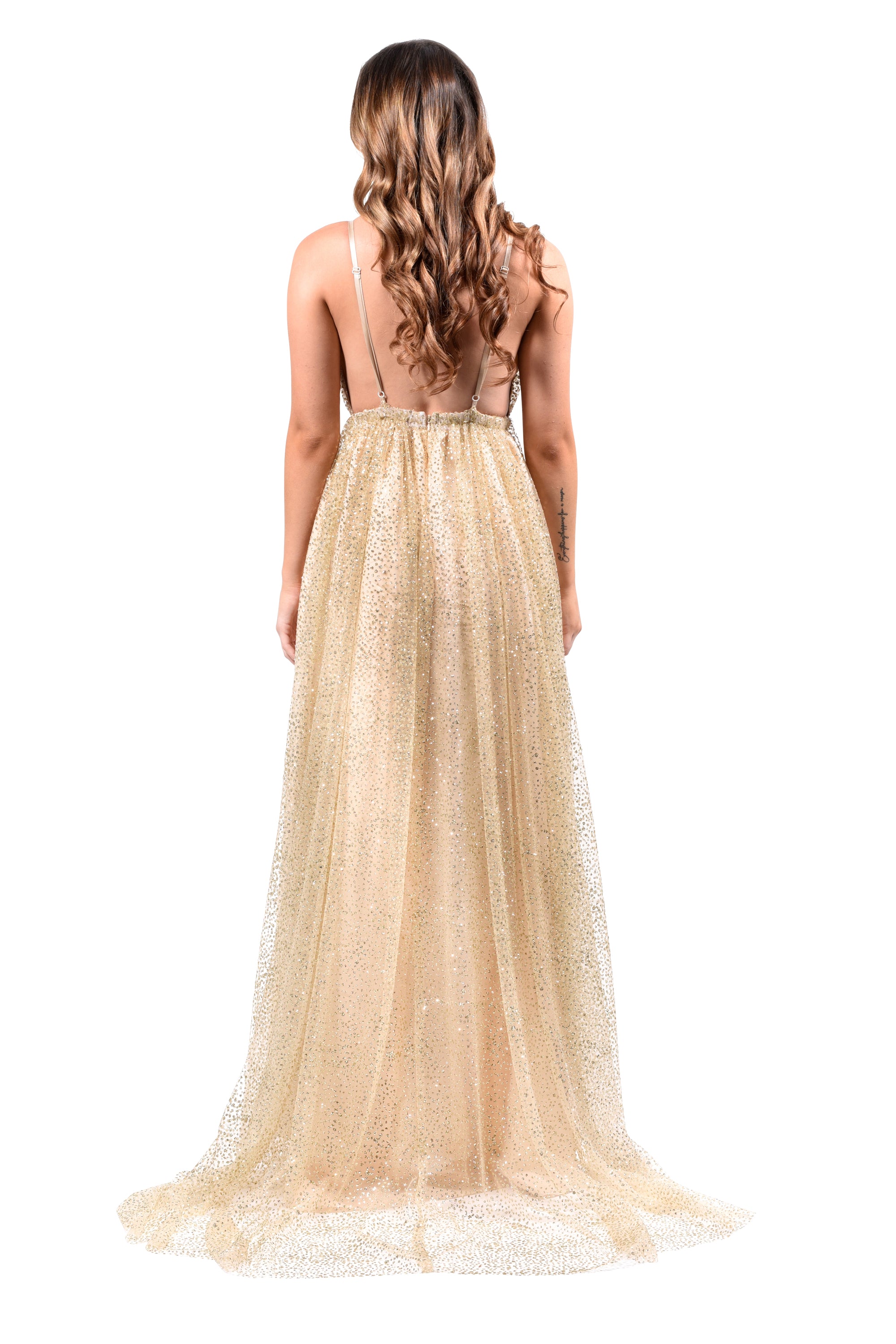 Back view of Honey Couture GEORGIA Gold Glitter Formal Gown, Australian Designer prom dress with adjustable straps. Affordable and elegant.