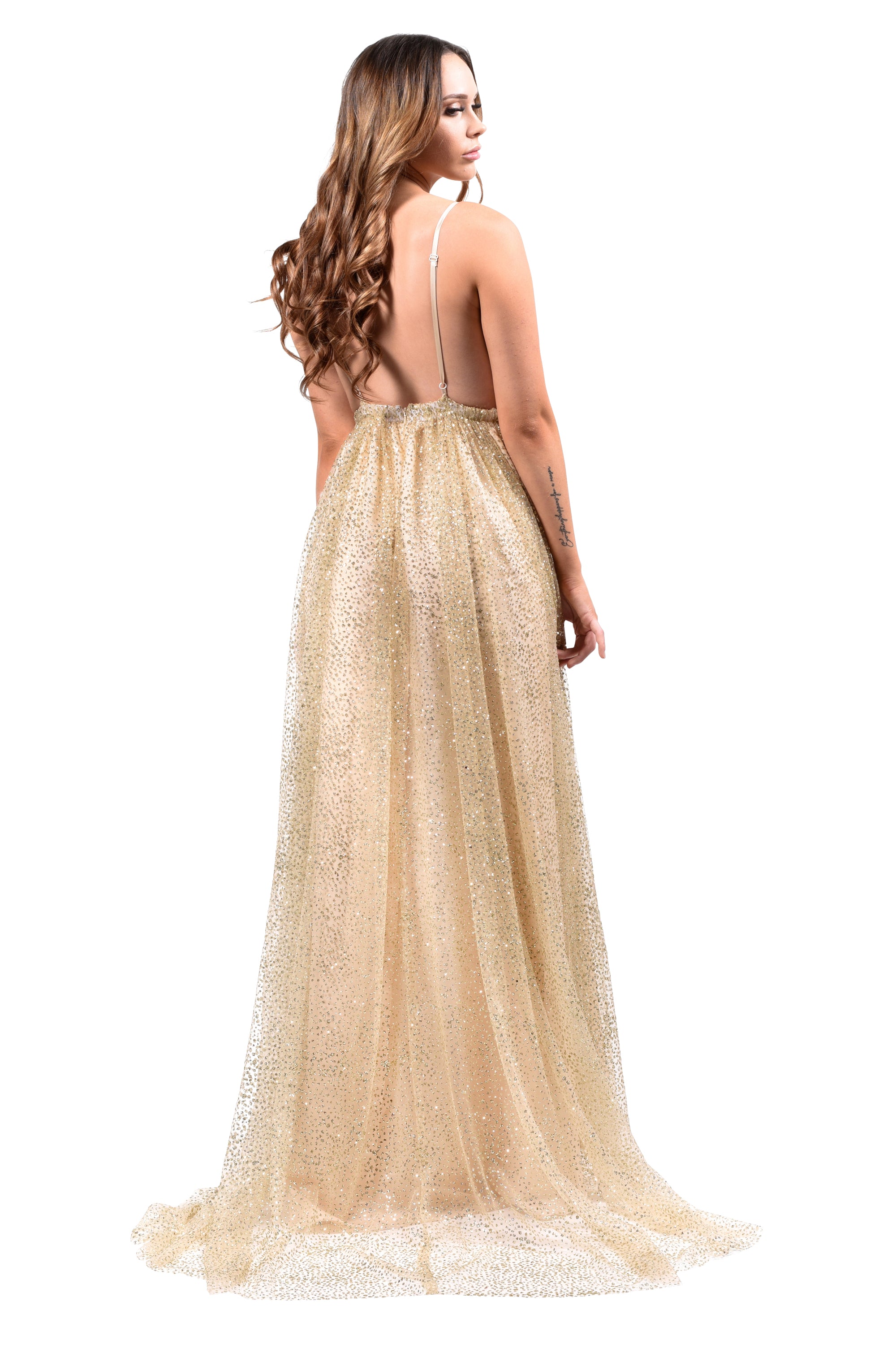 Back view of Honey Couture GEORGIA Gold Glitter Formal Gown, Australian Designer prom dress with adjustable straps, affordable evening wear.