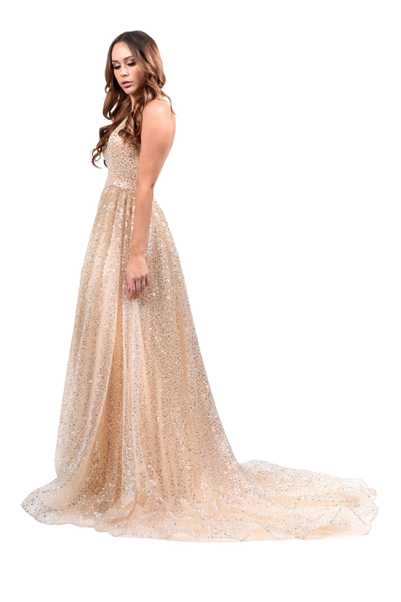 Honey Couture CATALINA Gold Sequin Halter Neck Formal Gown in Australia | One Honey Boutique