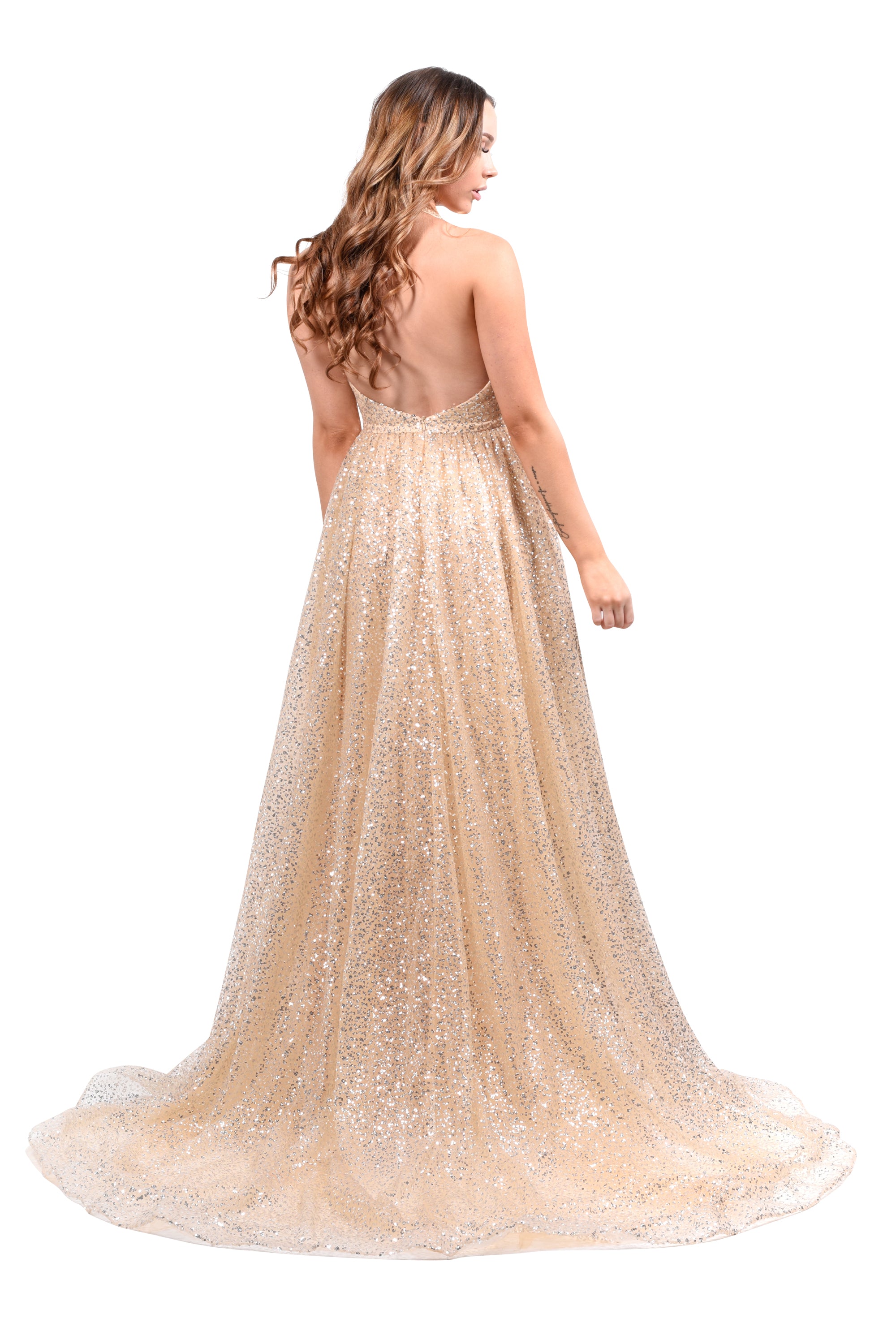 Rear view of Honey Couture CATALINA gold sequin halter neck gown, Australian designer prom and evening dress, affordable elegance.