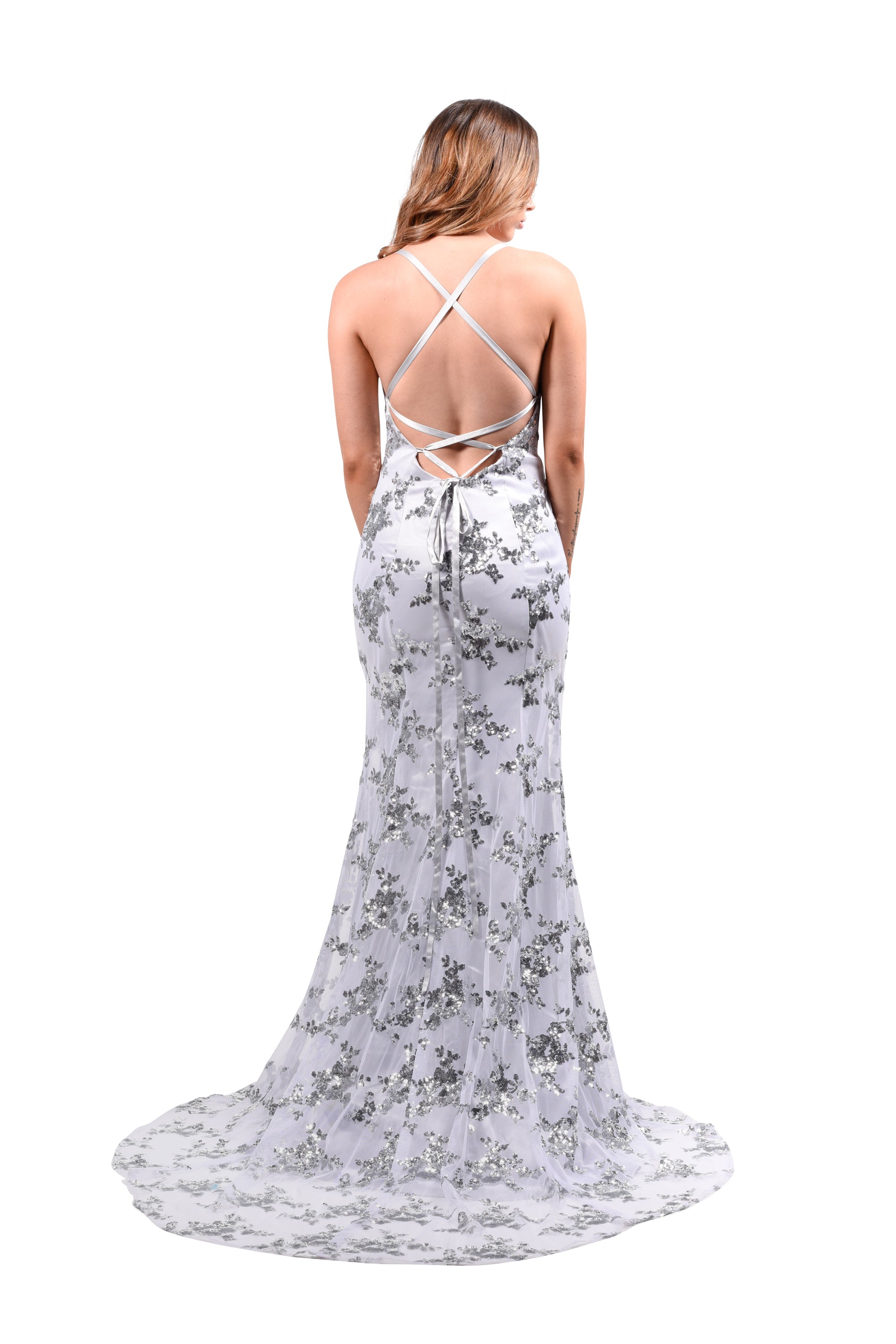 Back view of Honey Couture LUNA Glitter Overlay Mermaid Dress, Australian Designer prom gown with lace-up straps, sequin fabric, evening wear.