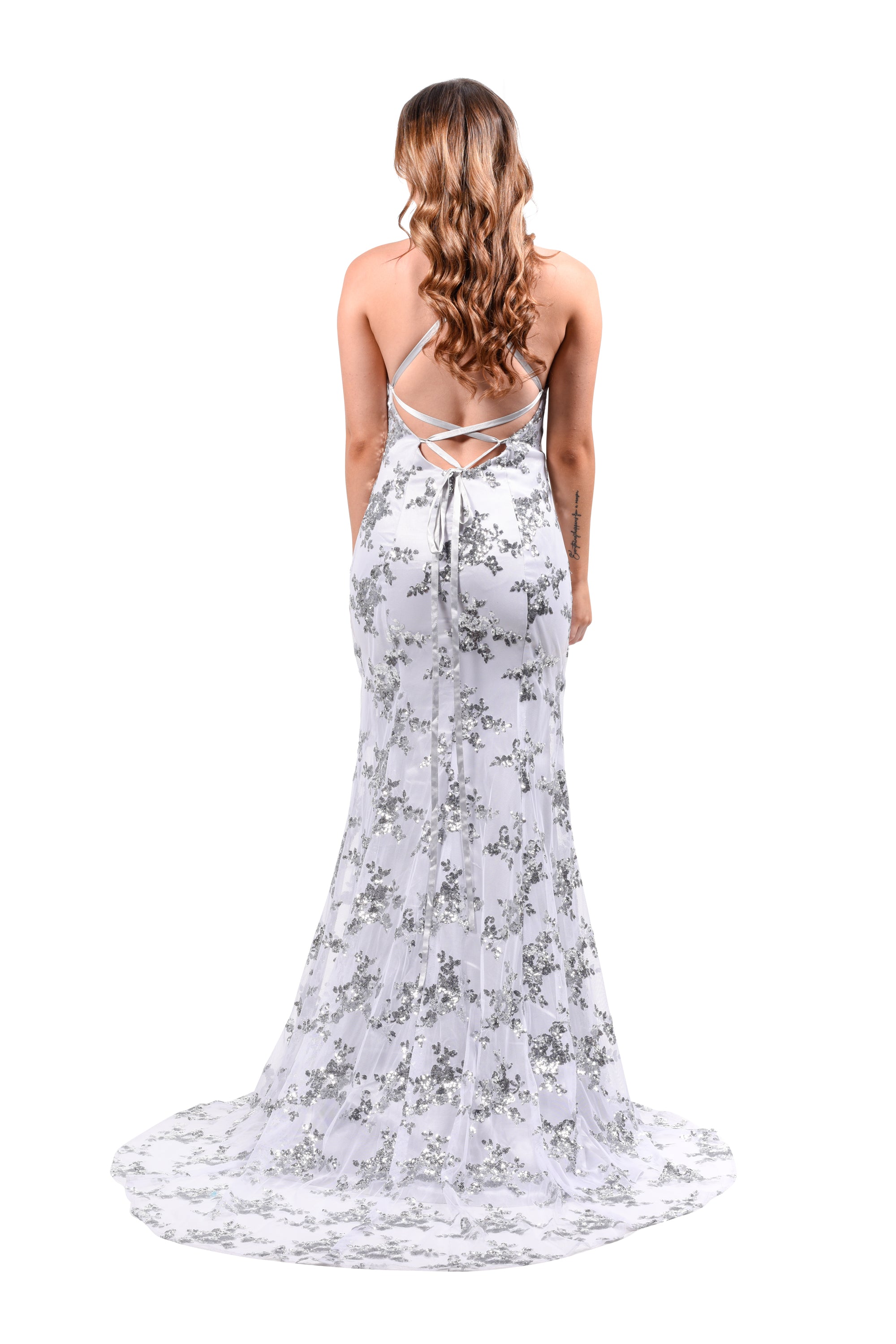 Back view of Honey Couture LUNA Glitter Overlay Mermaid Dress with lace-up detail, perfect for prom and evening events by Australian Designer