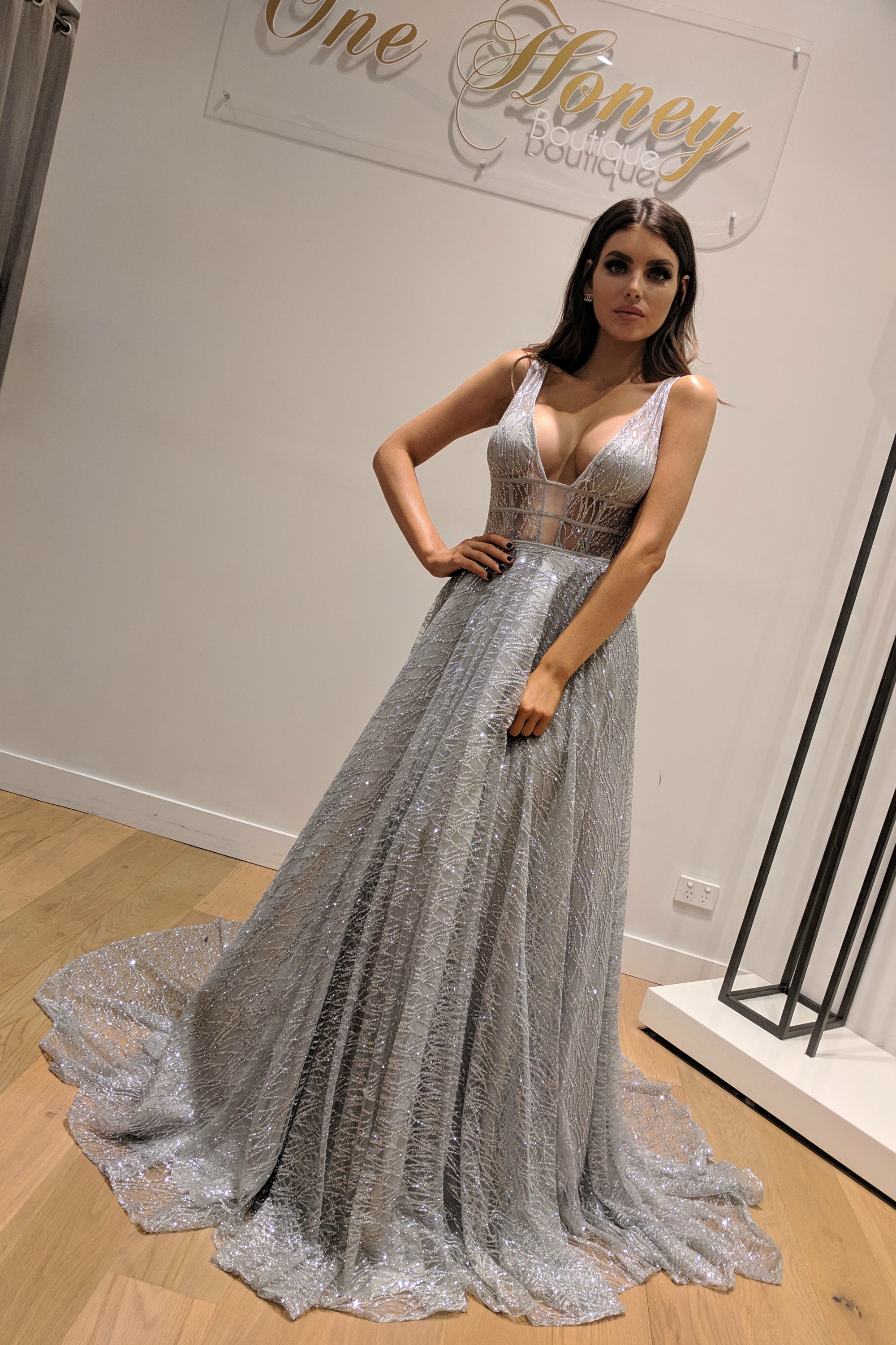 Honey Couture DAZZLING Silver Sequin Princess Formal Gown Dress Honey Couture Custom$ AfterPay Humm ZipPay LayBuy Sezzle