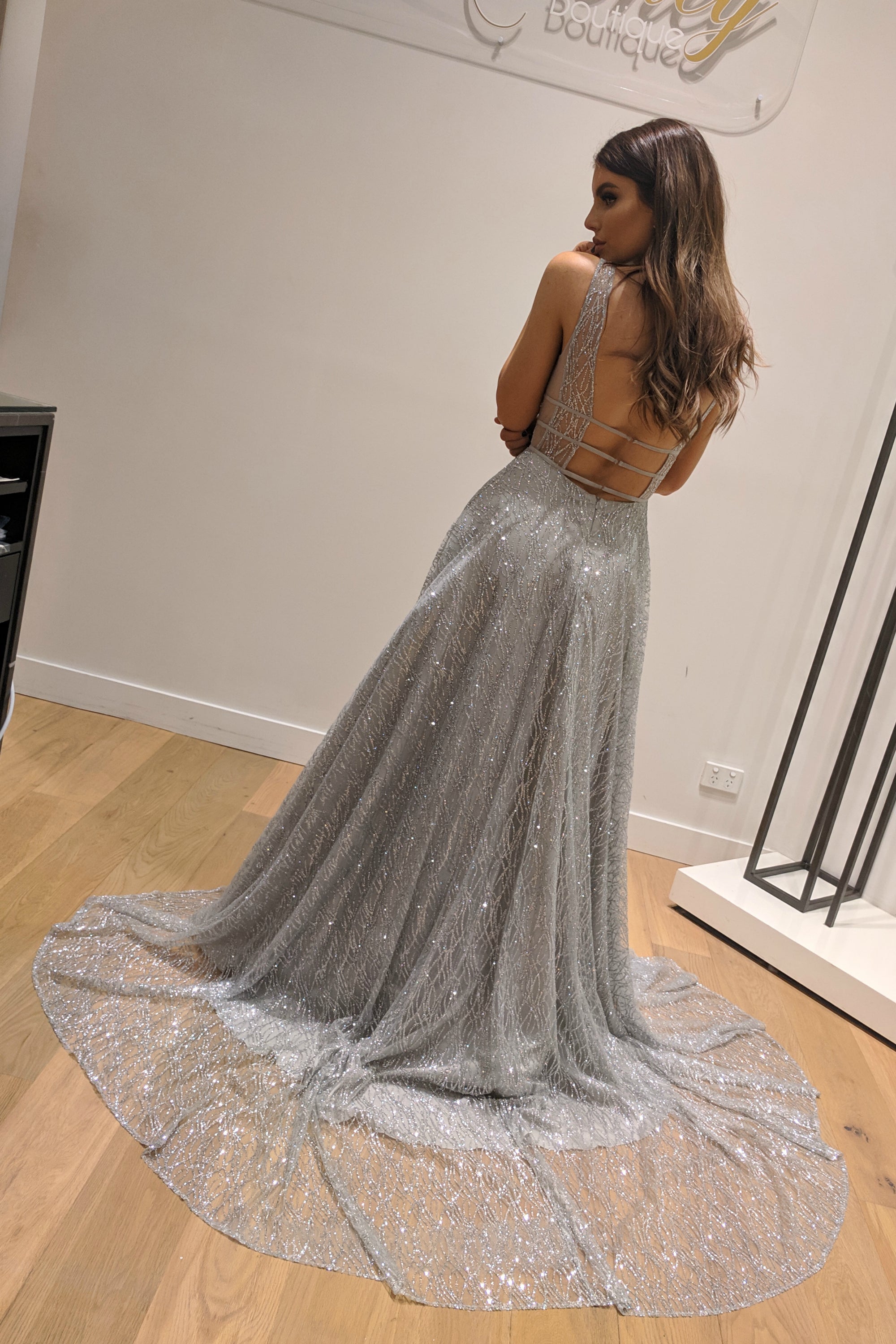 Honey Couture DAZZLING Silver Sequin Princess Formal Gown Dress Honey Couture Custom$ AfterPay Humm ZipPay LayBuy Sezzle