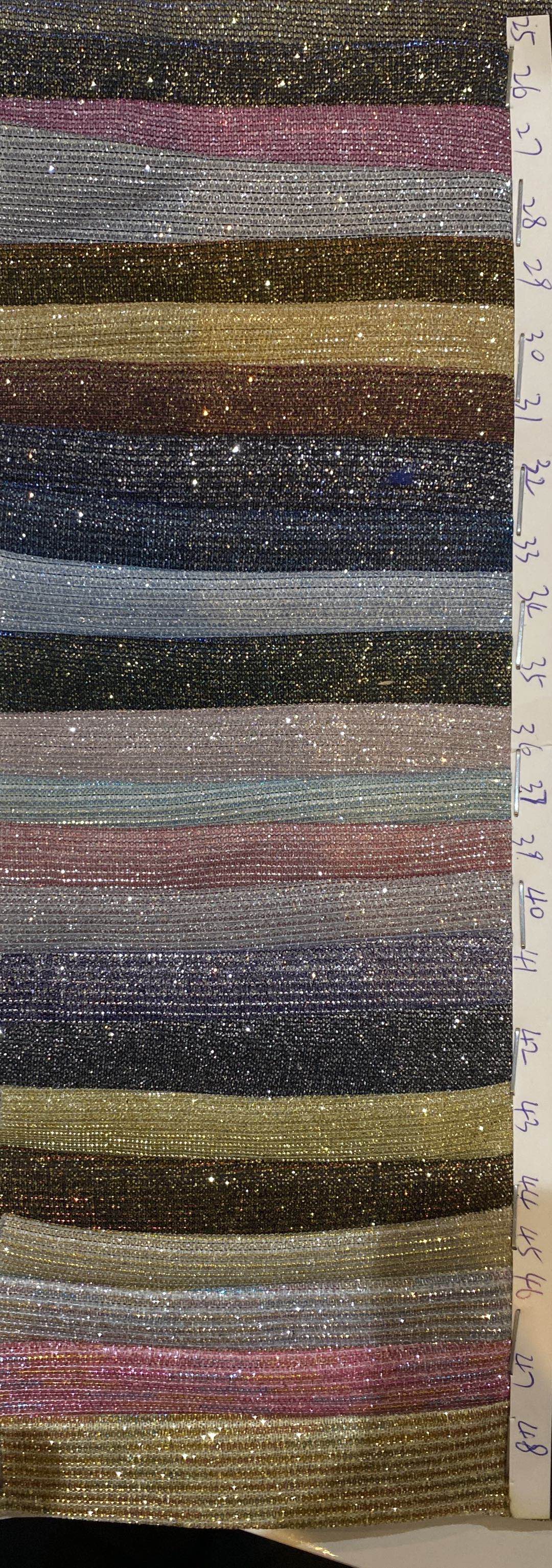Fabric swatches in glittery multi-colors for Honey Couture formal dresses, perfect for pageants and evening gowns.