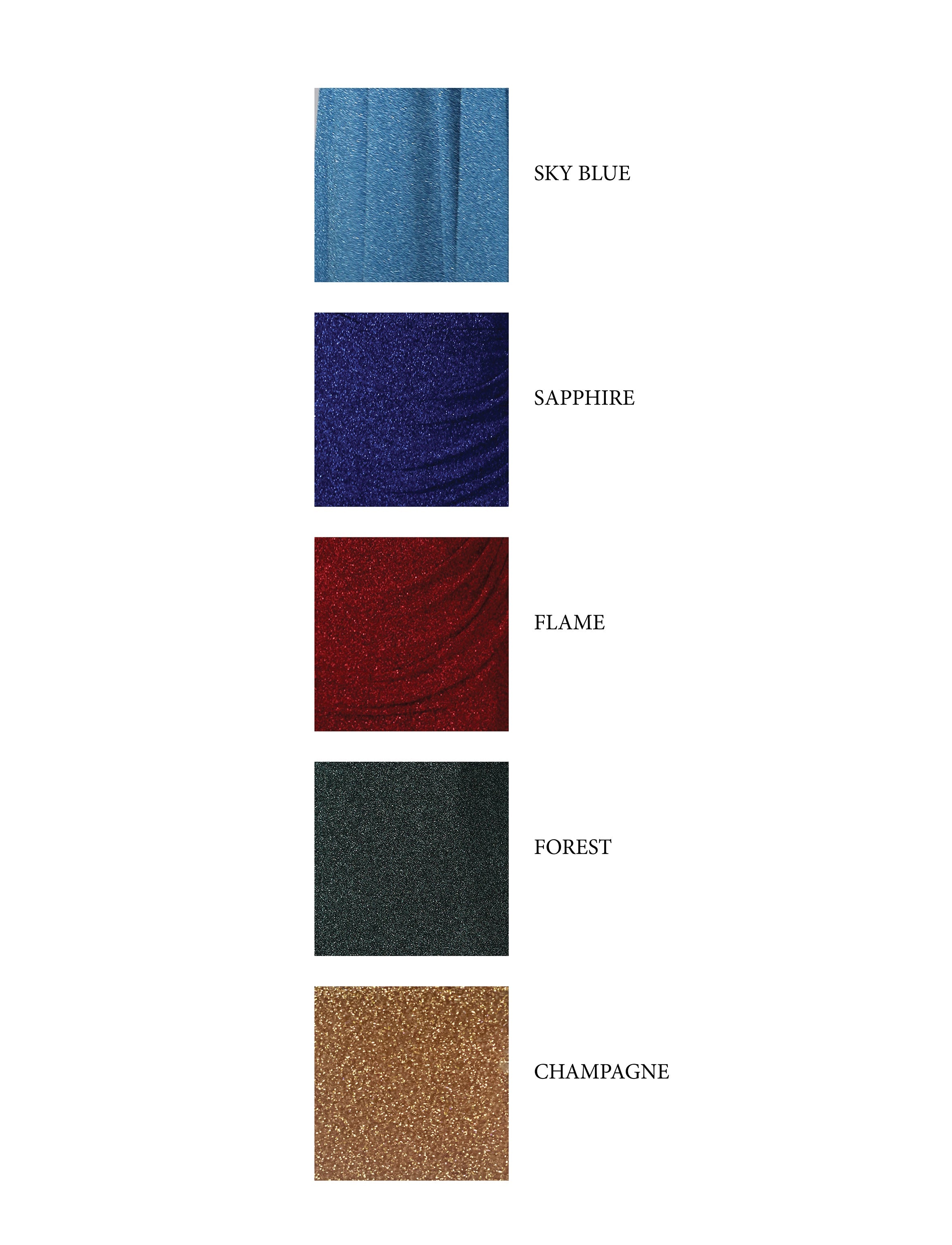 Color swatches featuring metallic jersey fabric in Sky Blue, Sapphire, Flame, Forest, and Champagne shades.