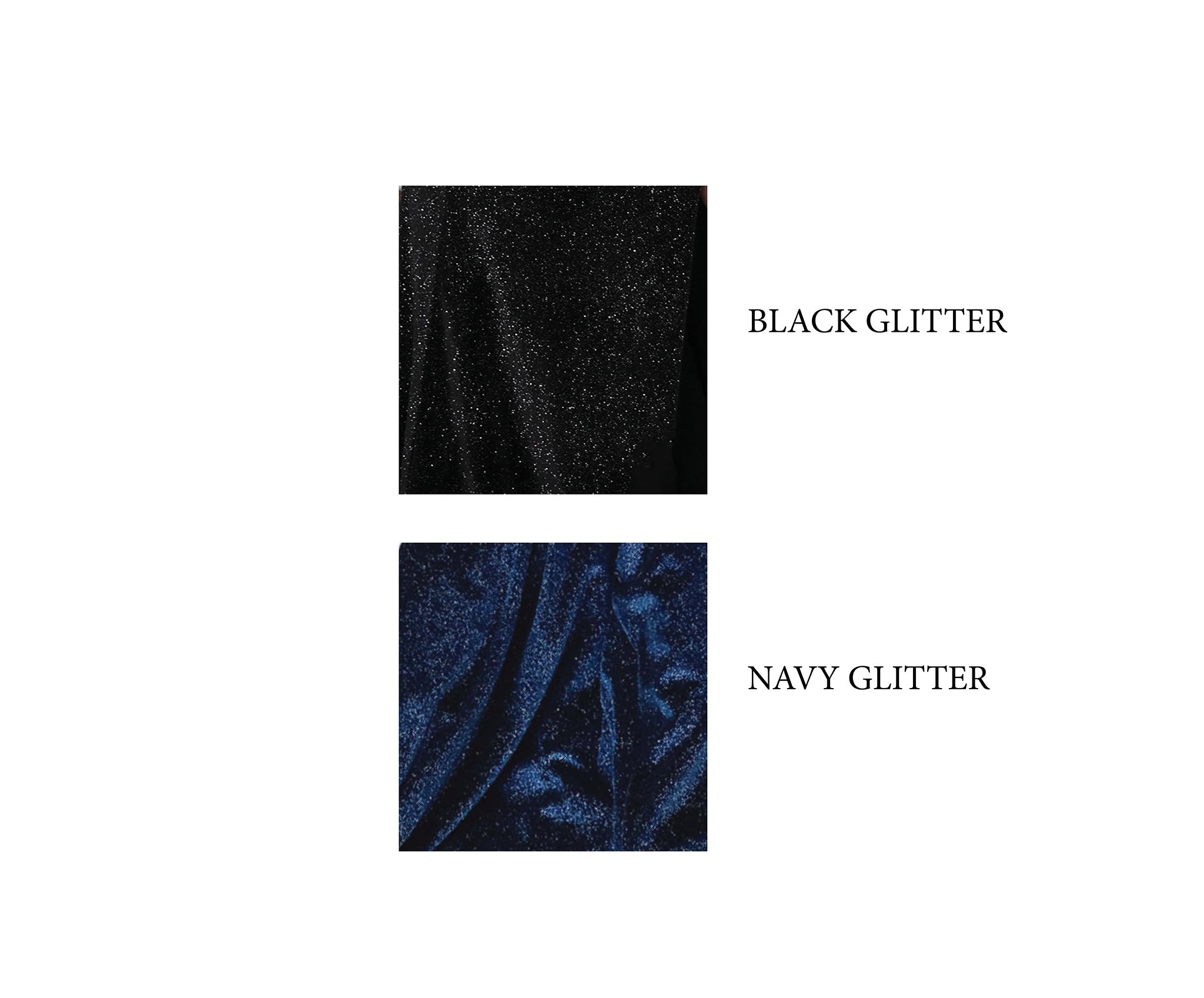 Black and navy glitter fabric swatches showcasing sparkle and texture for designer dresses.