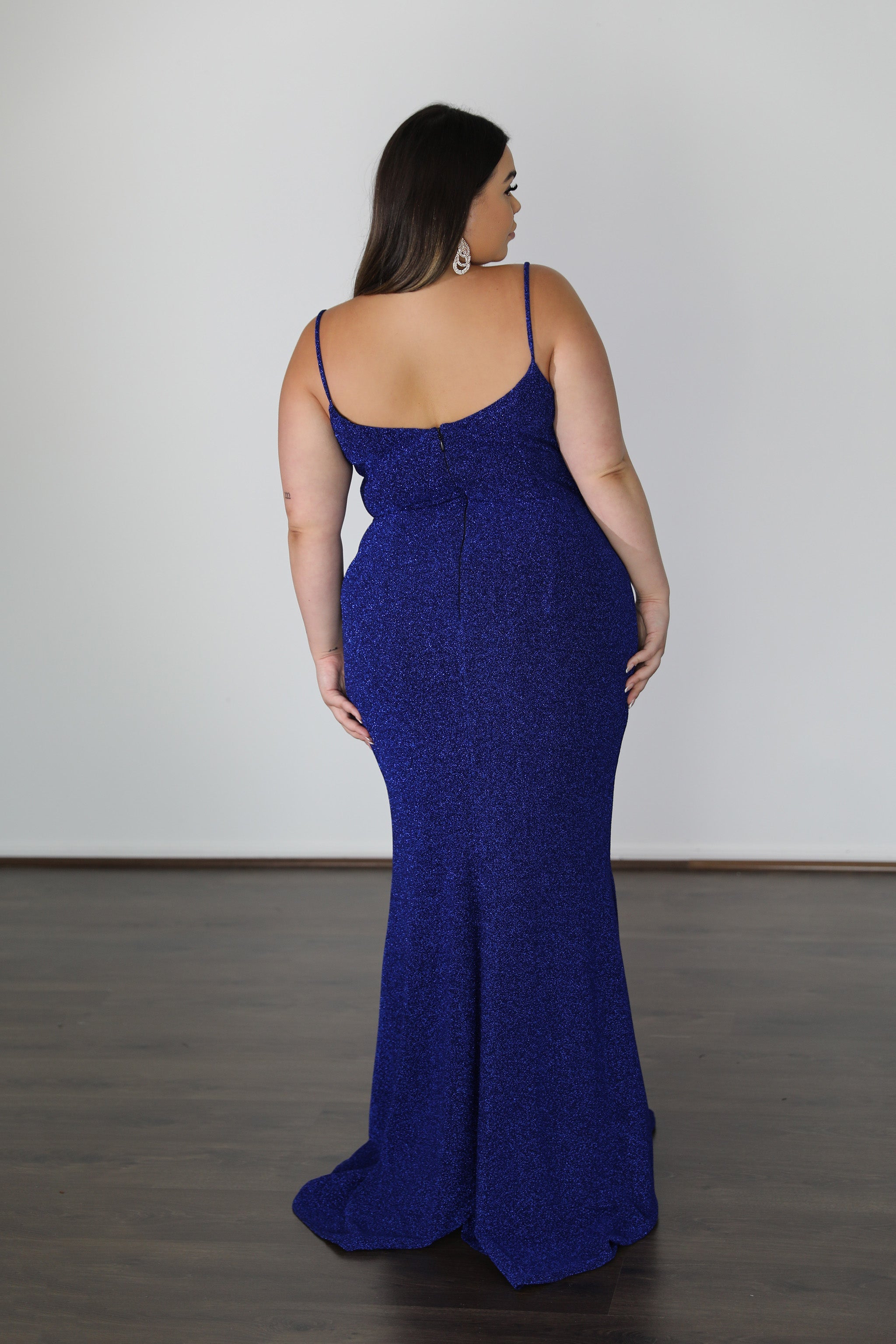 ISSY Metallic Jersey Dress with cowl neckline, fitted curve size school formal gown in blue. Plus Size fashion, Brisbane to Gold Coast.