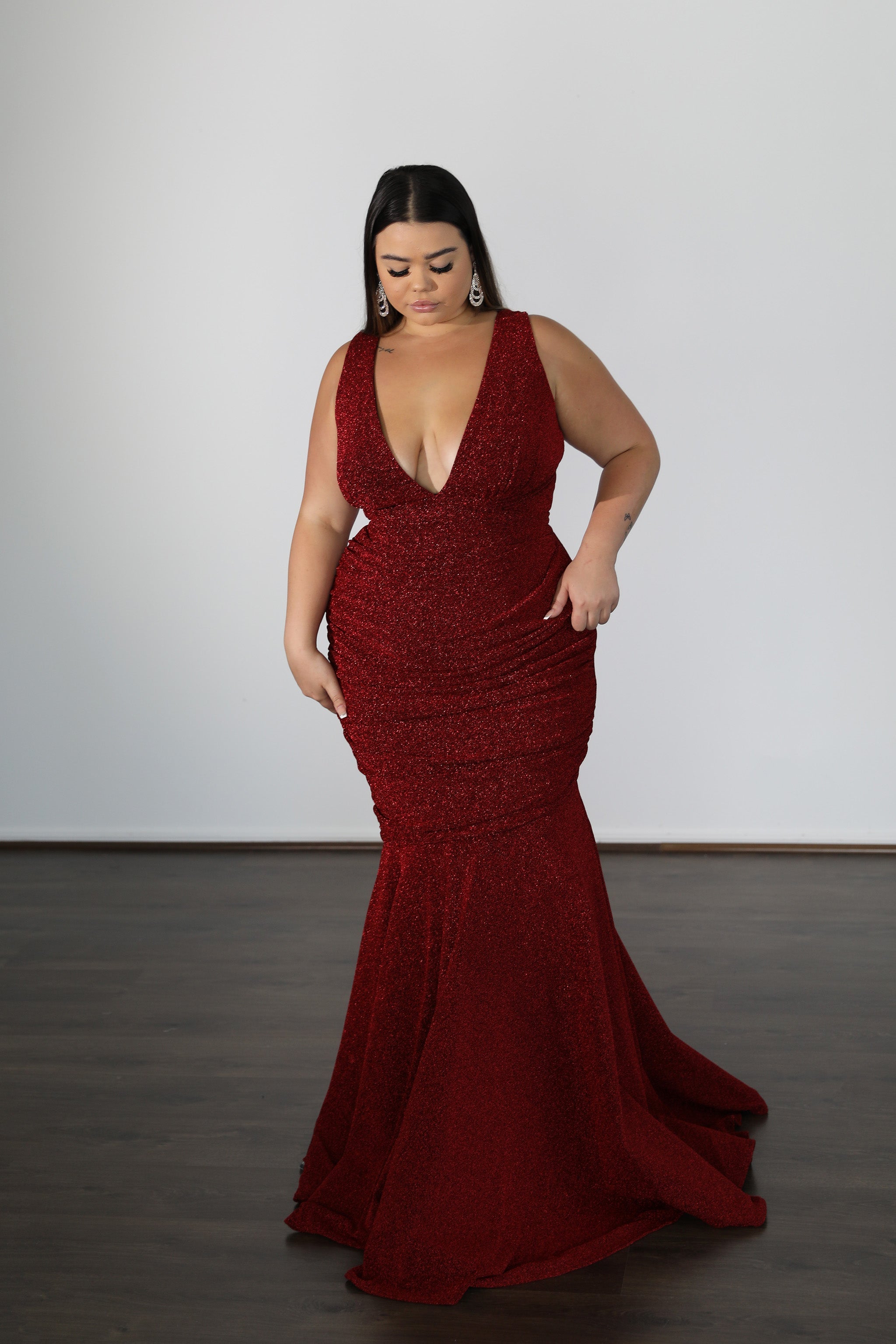 RYLEY Metallic Curve & Plus Size Formal Dress with deep V-neck and fitted silhouette, ideal for special occasions. Brisbane to Gold Coast.