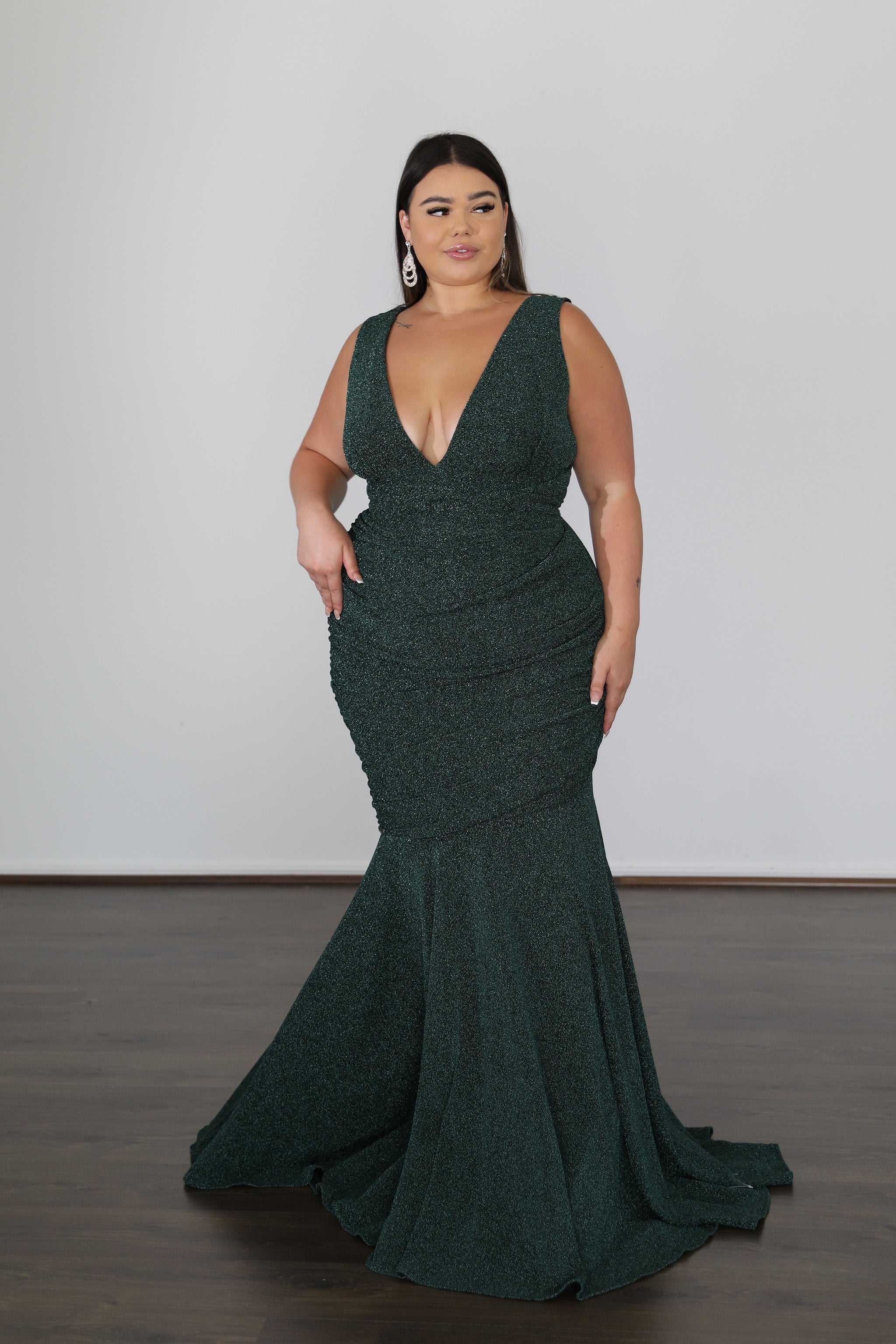 RYLEY Metallic Jersey formal dress with deep V-neck for plus size women. Curve and plus size elegance from Brisbane to Gold Coast.