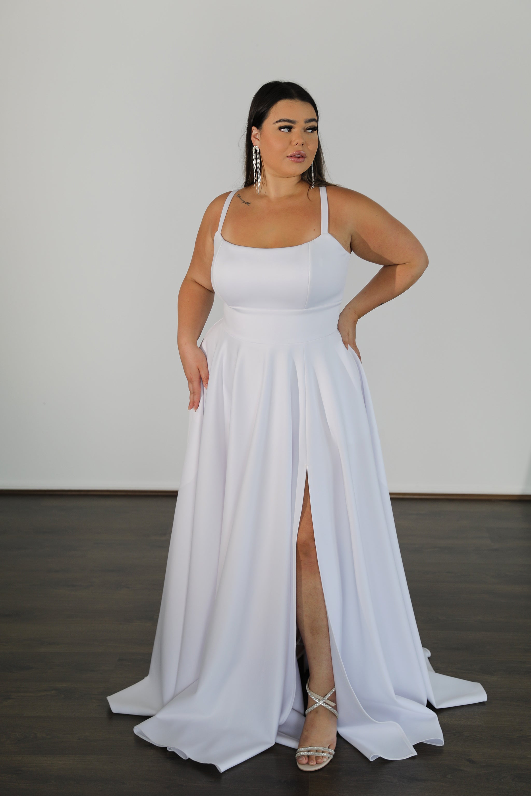 KAT Scuba Curve Plus Size Formal Dress with U-neckline, thigh-high slit. Perfect for elegant occasions. Brisbane to Gold Coast, Australia.
