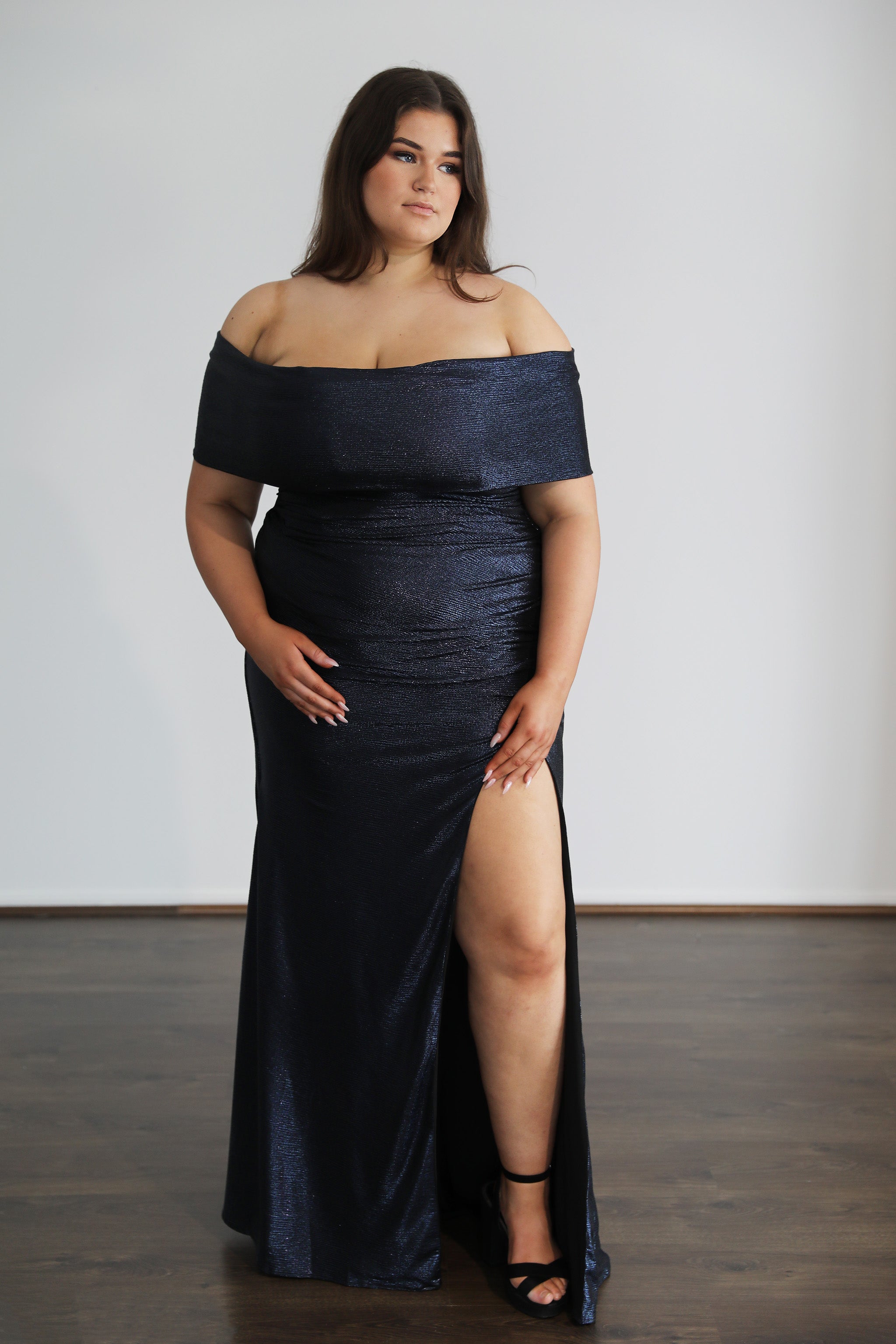 FOREVER Shimmer Plus Size evening gown with off-the-shoulder tube sleeve and thigh-high split. Elegant curve fit from Brisbane to Gold Coast.