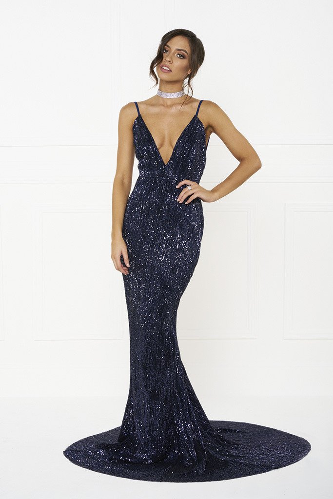 Honey Couture ROSALIE Blue Low Back Sequin Formal Gown Dress Honey Couture$ AfterPay Humm ZipPay LayBuy Sezzle