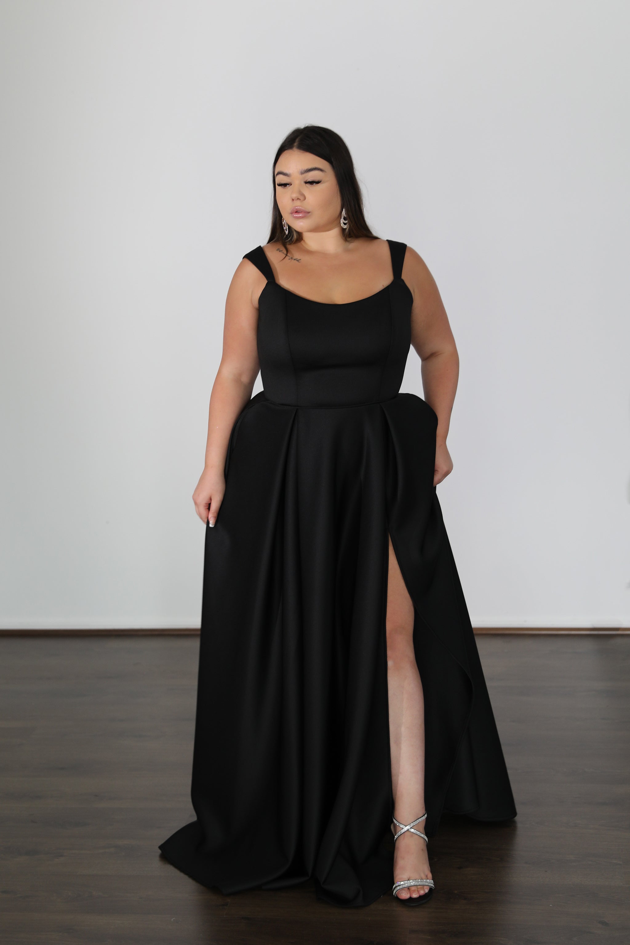 HAYLEY black curve neckline school formal dress with thigh-high split, plus size, curve size, Brisbane to Gold Coast, Australia