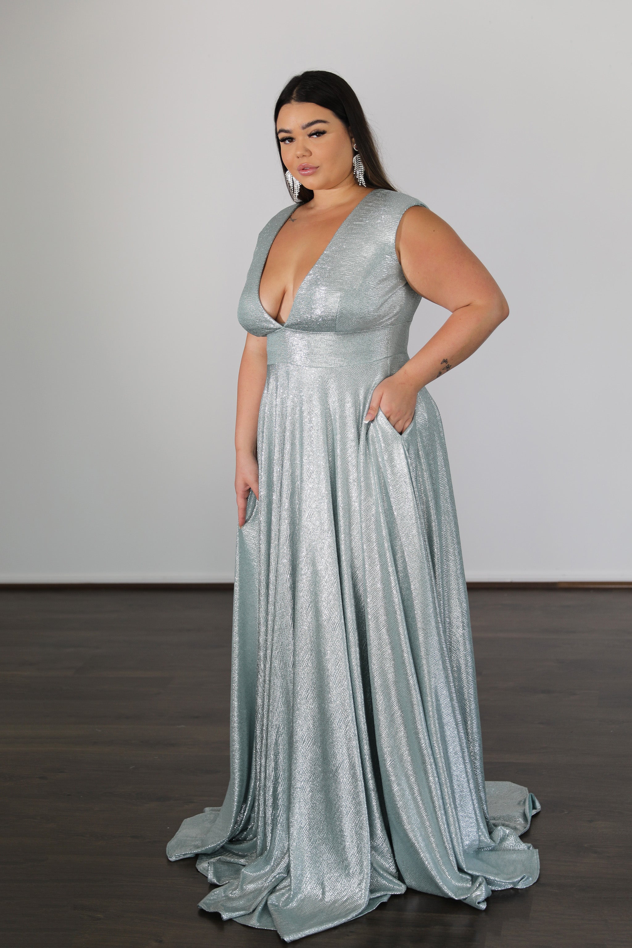 SABRINA stretch shimmer formal dress with plunging V-neckline, curve plus size evening gown. Brisbane to Gold Coast, Australia.