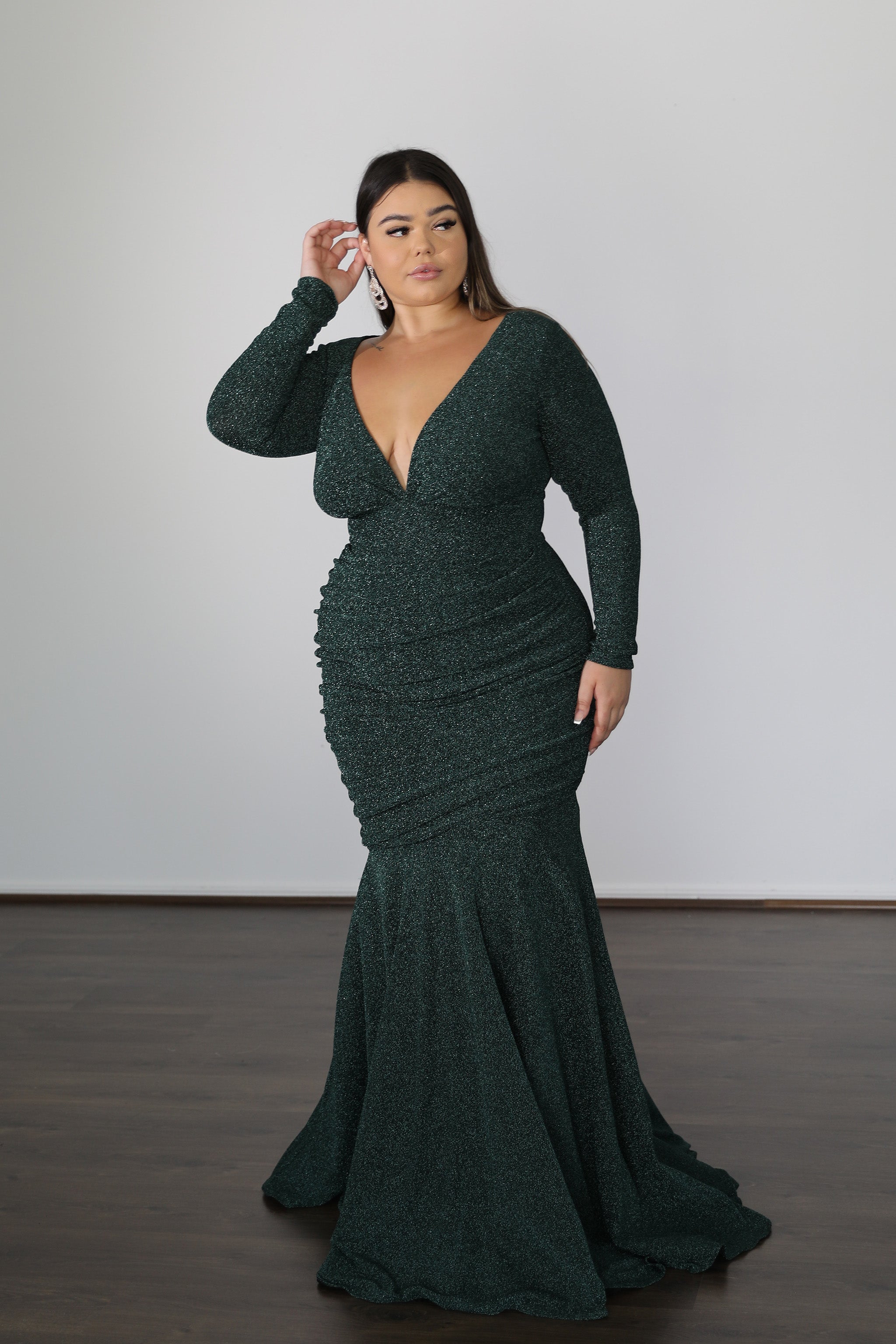 ASHLEY metallic jersey curve plus size evening gown with wide V-neckline and ruched skirt, perfect for Brisbane to Gold Coast events.