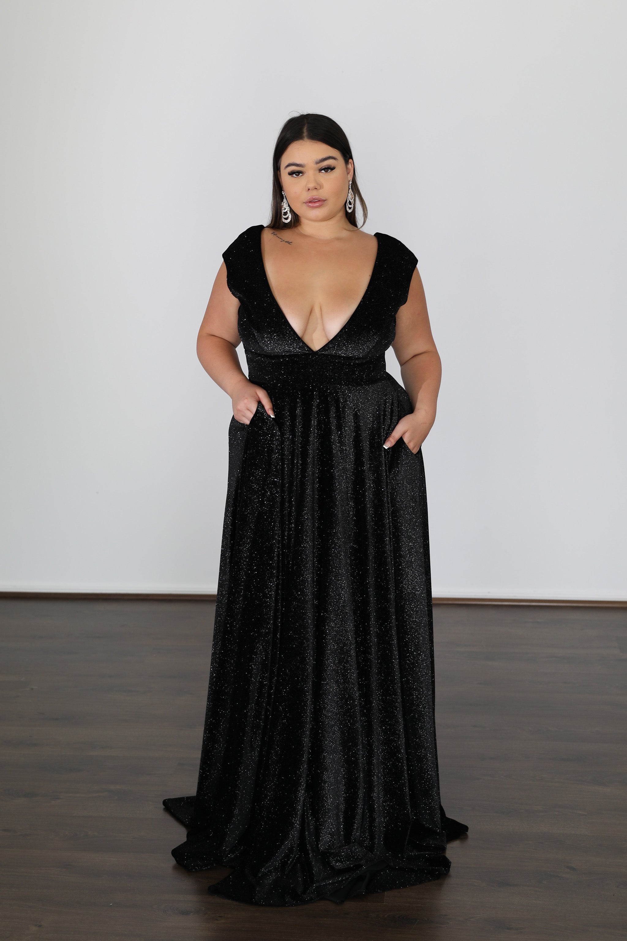 SABRINA glitter velvet school formal dress with cap sleeves and wide V neckline, Plus Size Curve, Brisbane to Gold Coast