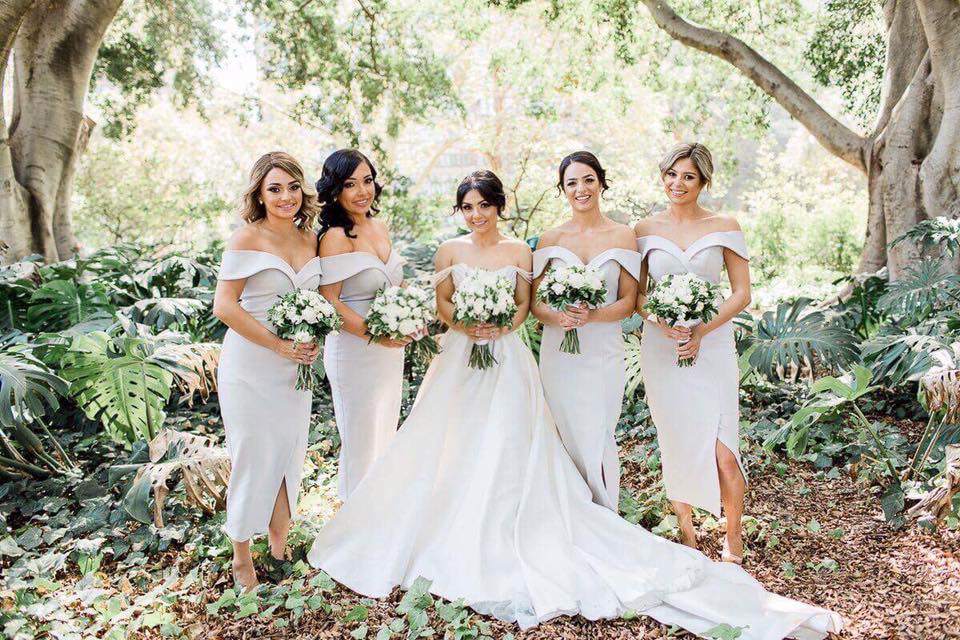 TINA HOLLY COUTURE R1767 bridesmaids in off-shoulder grey midi dresses with slit, lush garden wedding, Brisbane to Gold Coast, Australia.