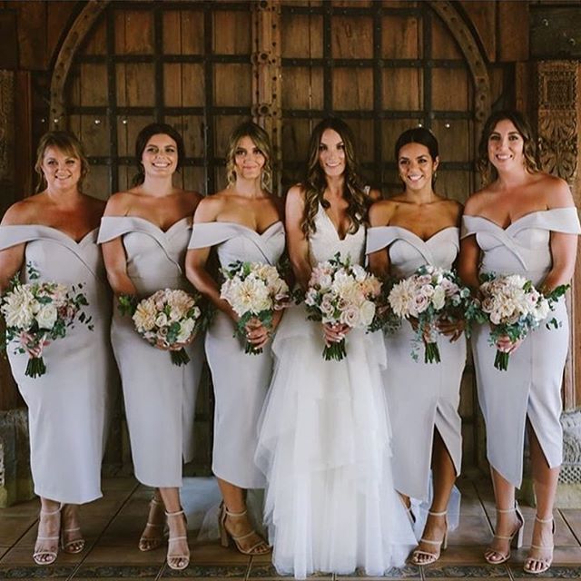 Tina Holly Couture Connelly R1767 Pink Off Shoulder Bridesmaids Midi Dress in Australia | One Honey Boutique