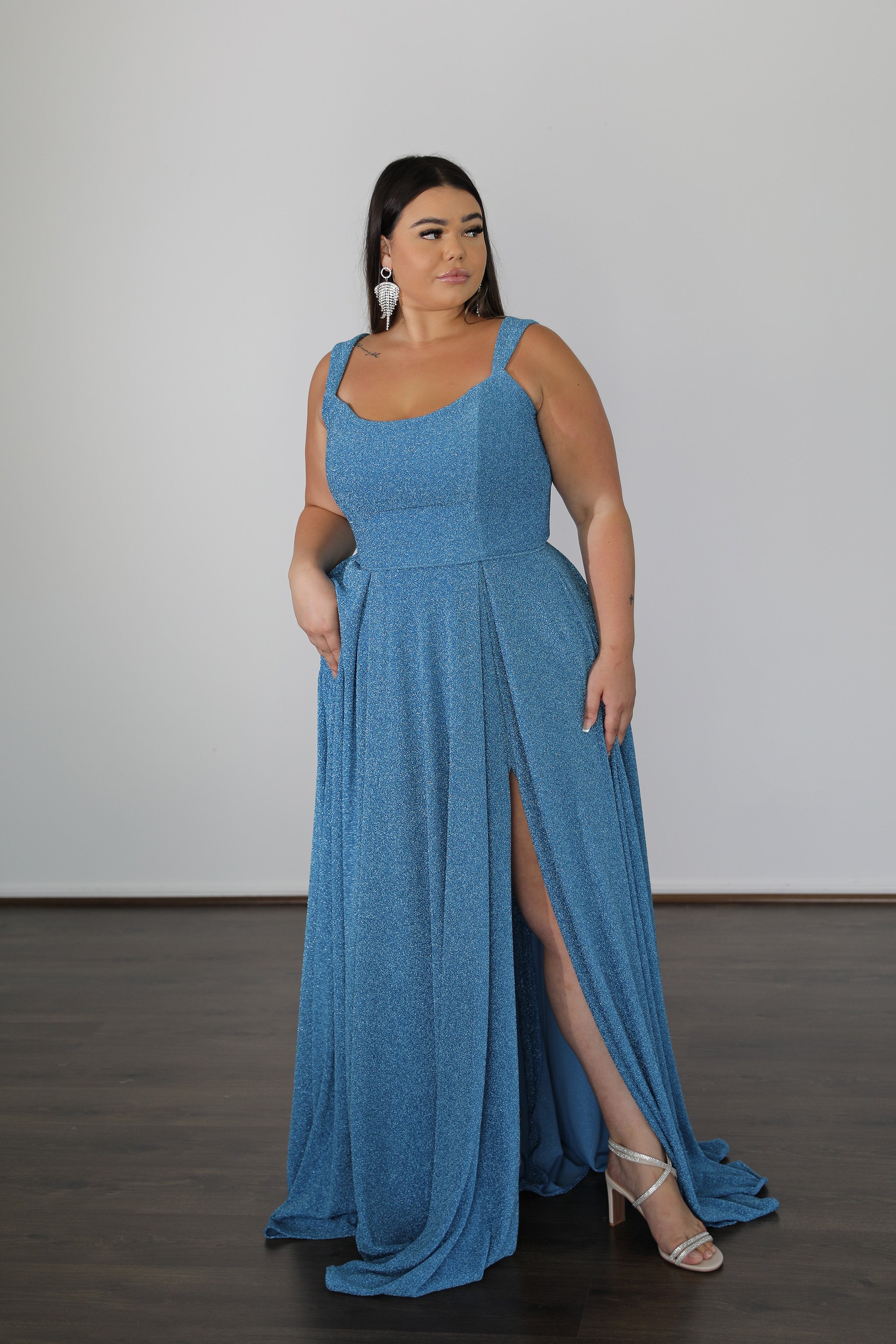 Alt Tag: HAYLEY metallic jersey curve dress with tapered straps and thigh-high split, evening gown for plus size. Brisbane to Gold Coast.