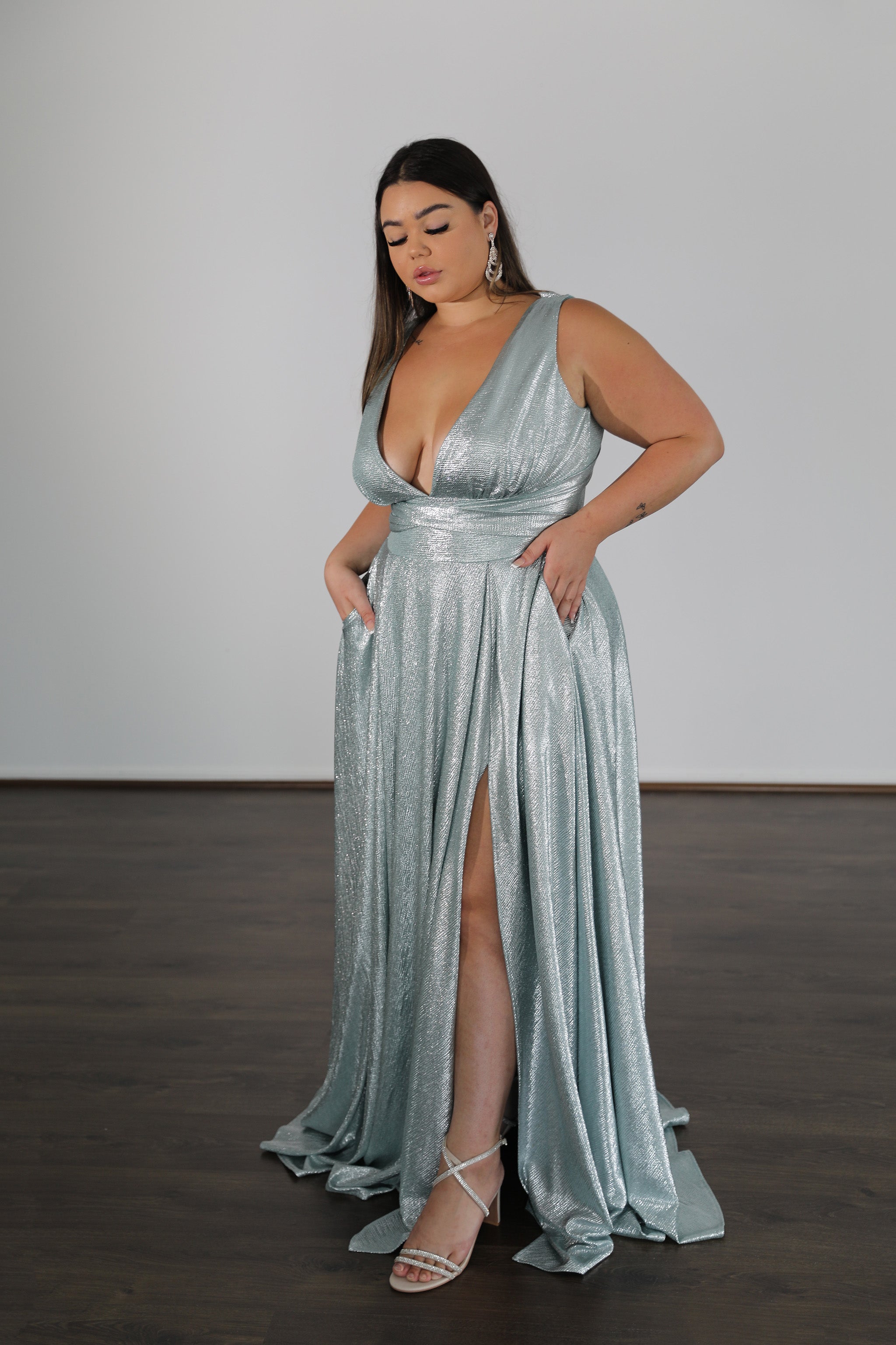 LESA stretch shimmer plus size school formal dress with plunging V-neckline and fully pleated skirt, Brisbane to Gold Coast, Australia.