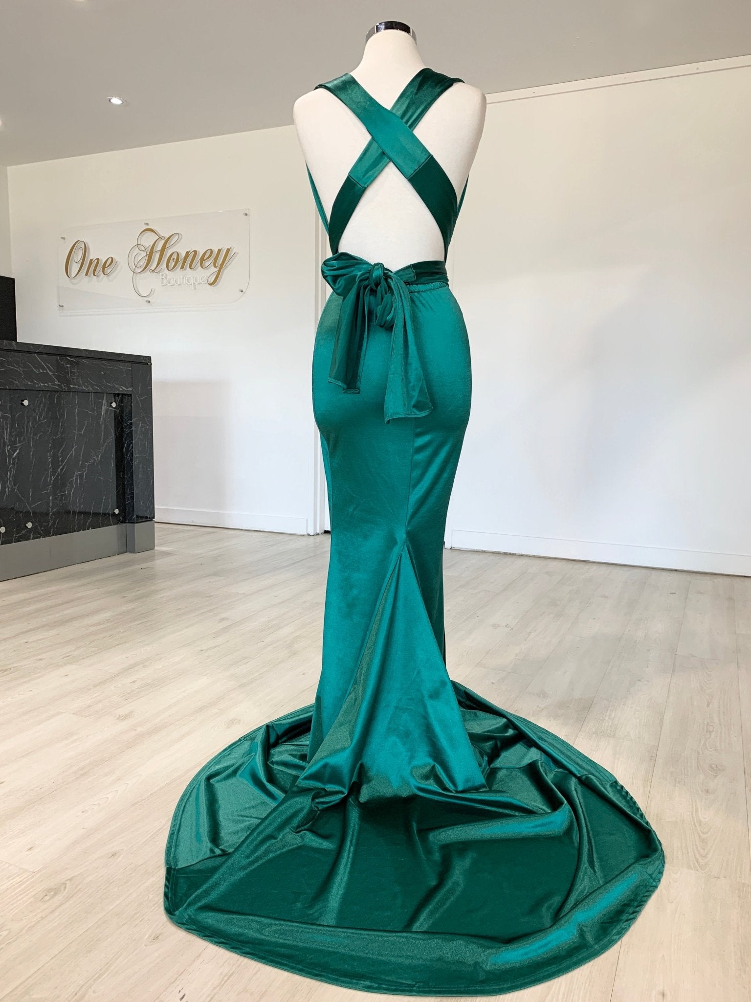Honey Couture BLOSSUM Green Multi Tie Evening Gown Dress in Australia | One Honey Boutique