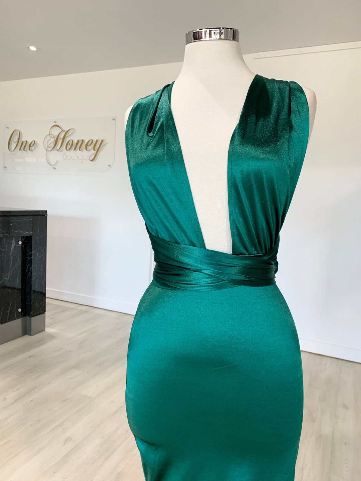 Honey Couture BLOSSUM Green Multi Tie Evening Gown Dress in Australia | One Honey Boutique