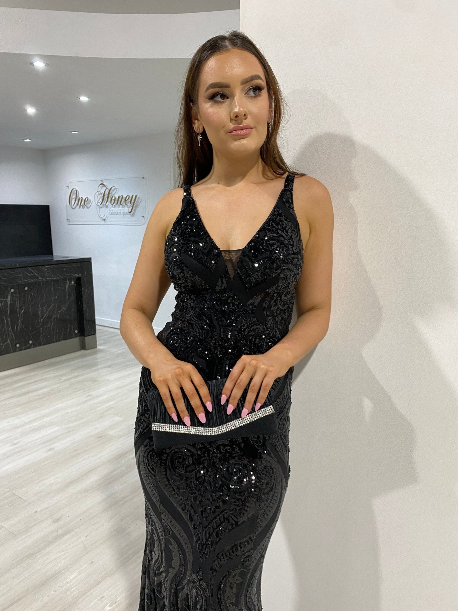 Honey Couture DENLINE Black Ruffled Diamanté Trim Clutch Bag in Australia | One Honey Boutique